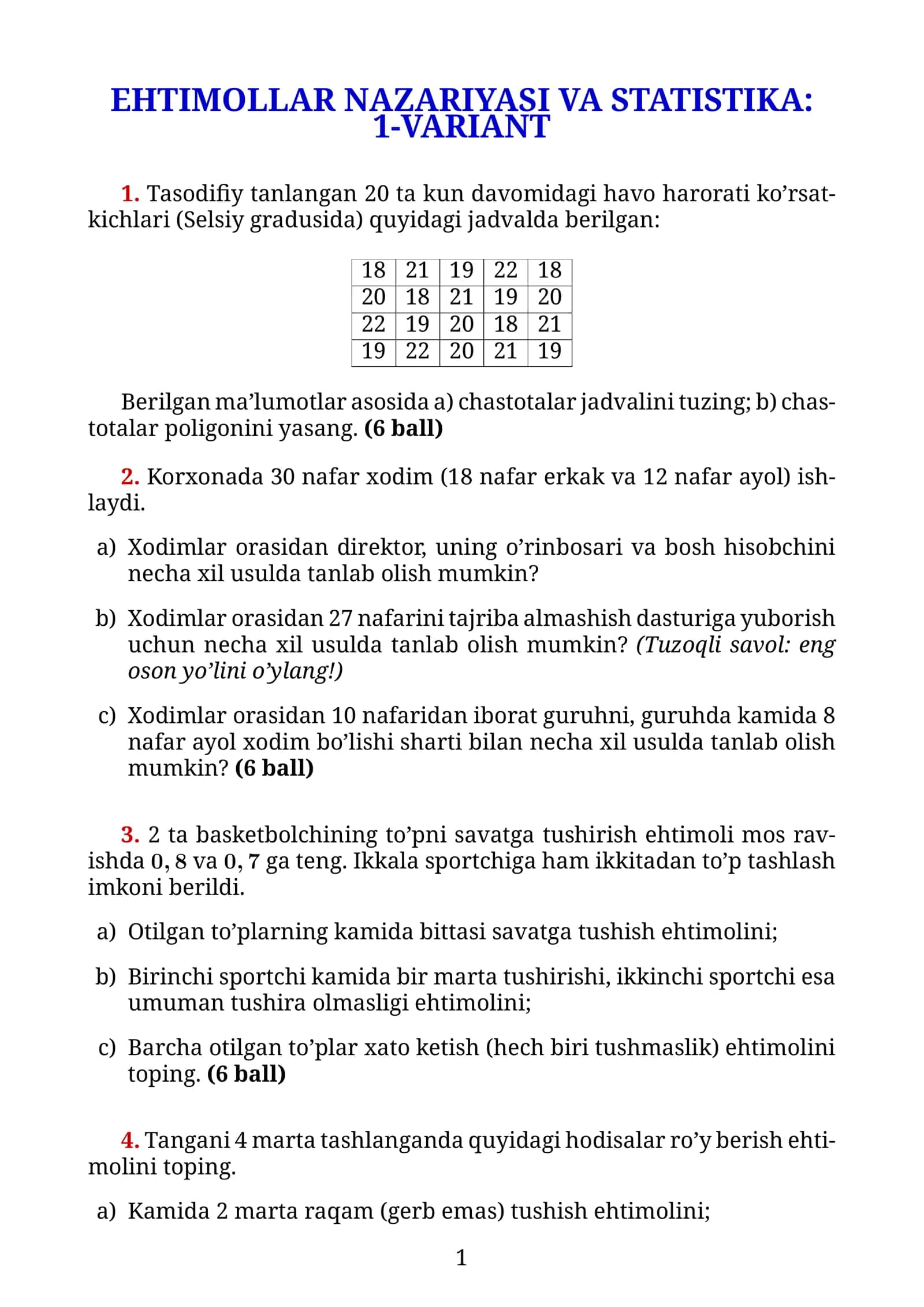 EHTIMOLLAR NAZARIYASI VA STATISTIKA: 1-VARIANT 1