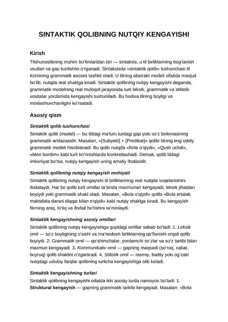 Sintaktik Qolibning Nutqiy Kengayishi