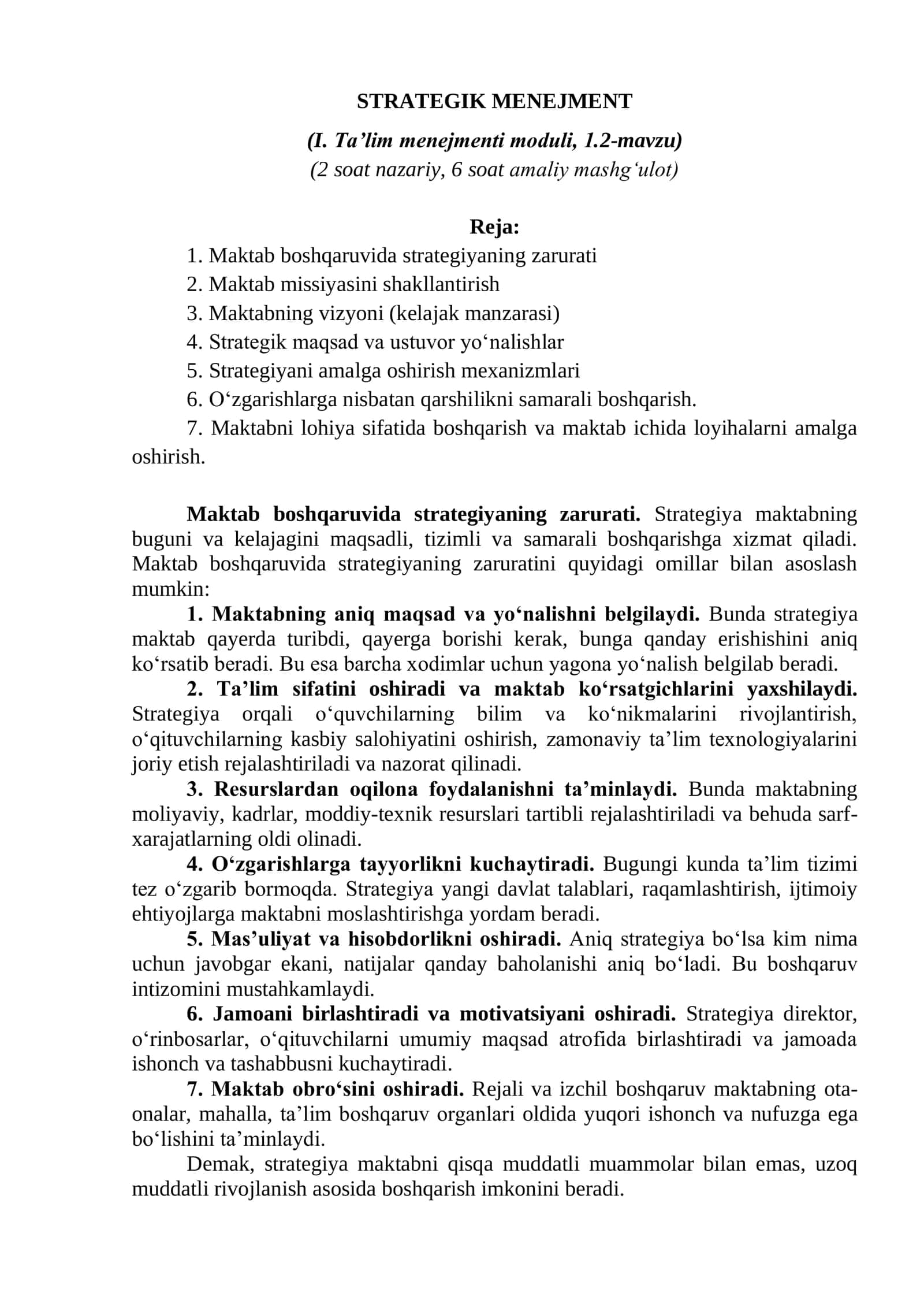 Menejerlik o'uv kursi tinglovchilari uchun  STRATEGIK MENEJMENT (I. Ta’lim menejmenti moduli, 1.2-mavzu) 1