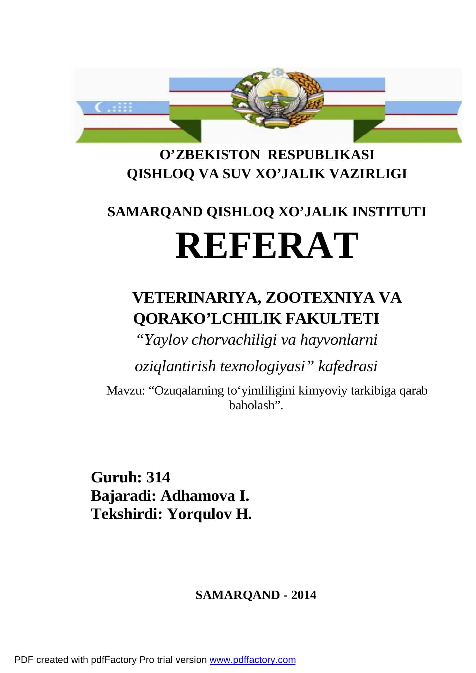 “Ozuqalarning to‘yimliligini kimyoviy tarkibiga qarab 1