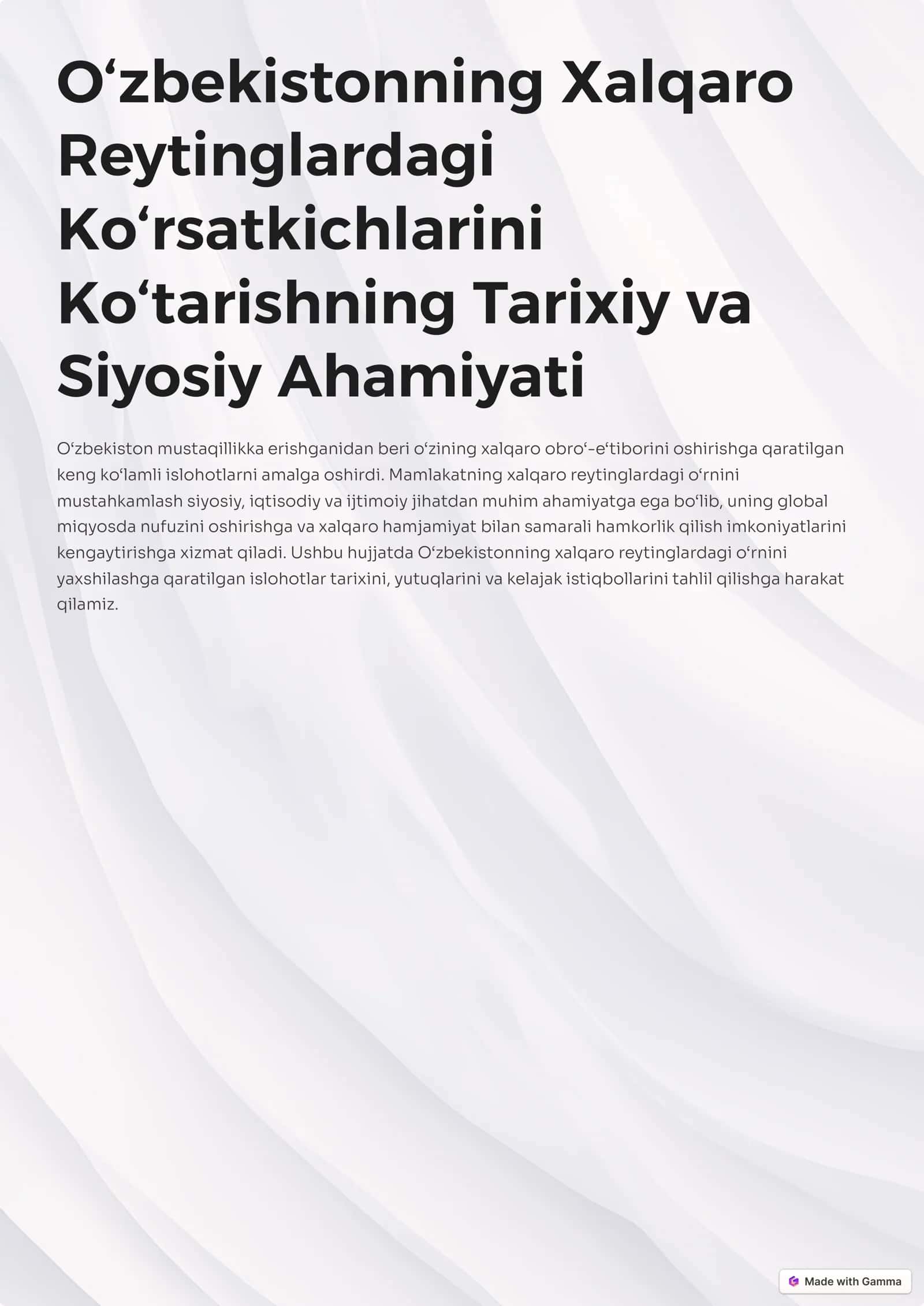 O‘zbekistonning Xalqaro Reytinglardagi Ko‘rsatkichlarini Ko‘tarishning Tarixiy va Siyosiy Ahamiyati 1