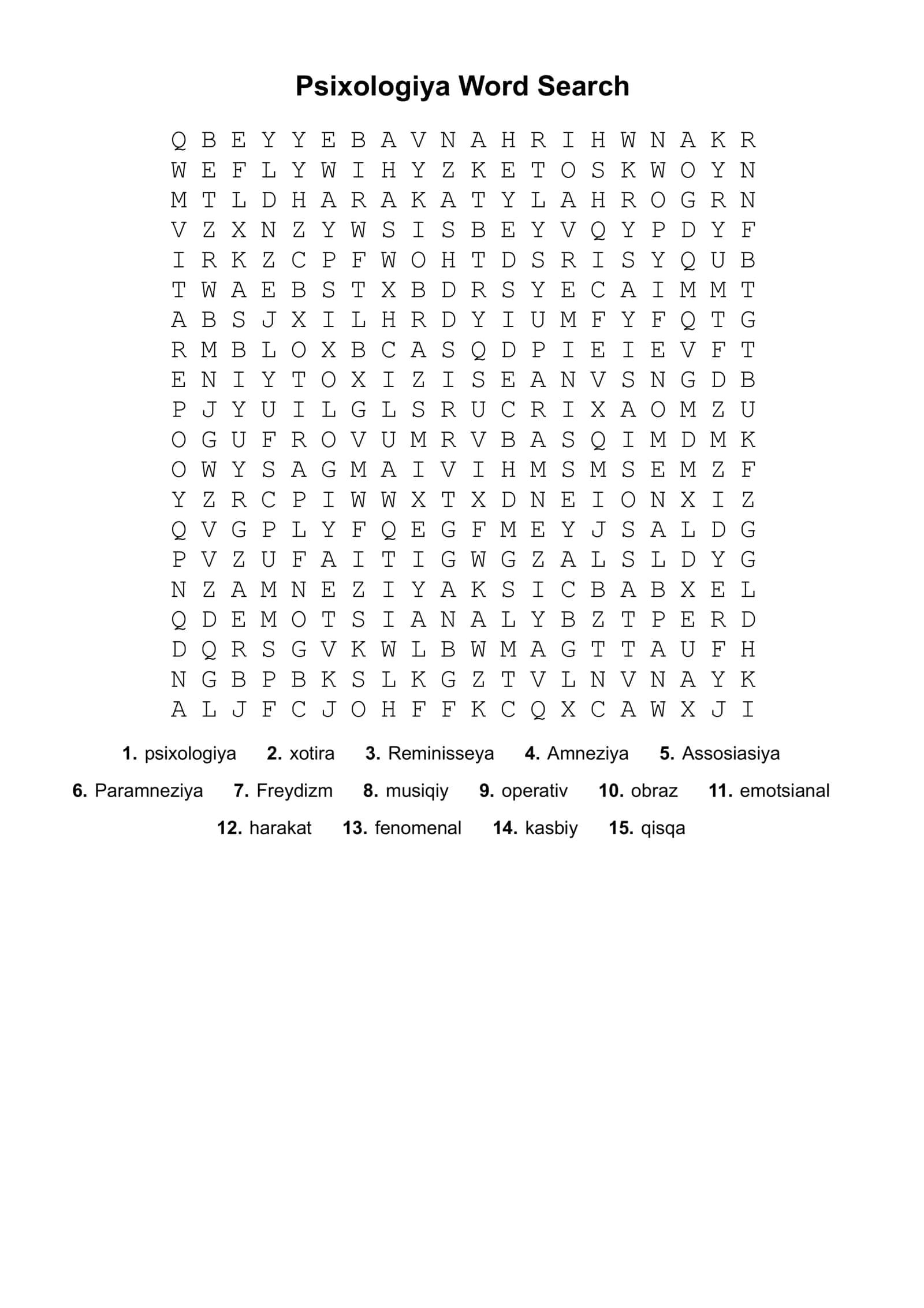 xotira Psixologiyasi Word Search 1