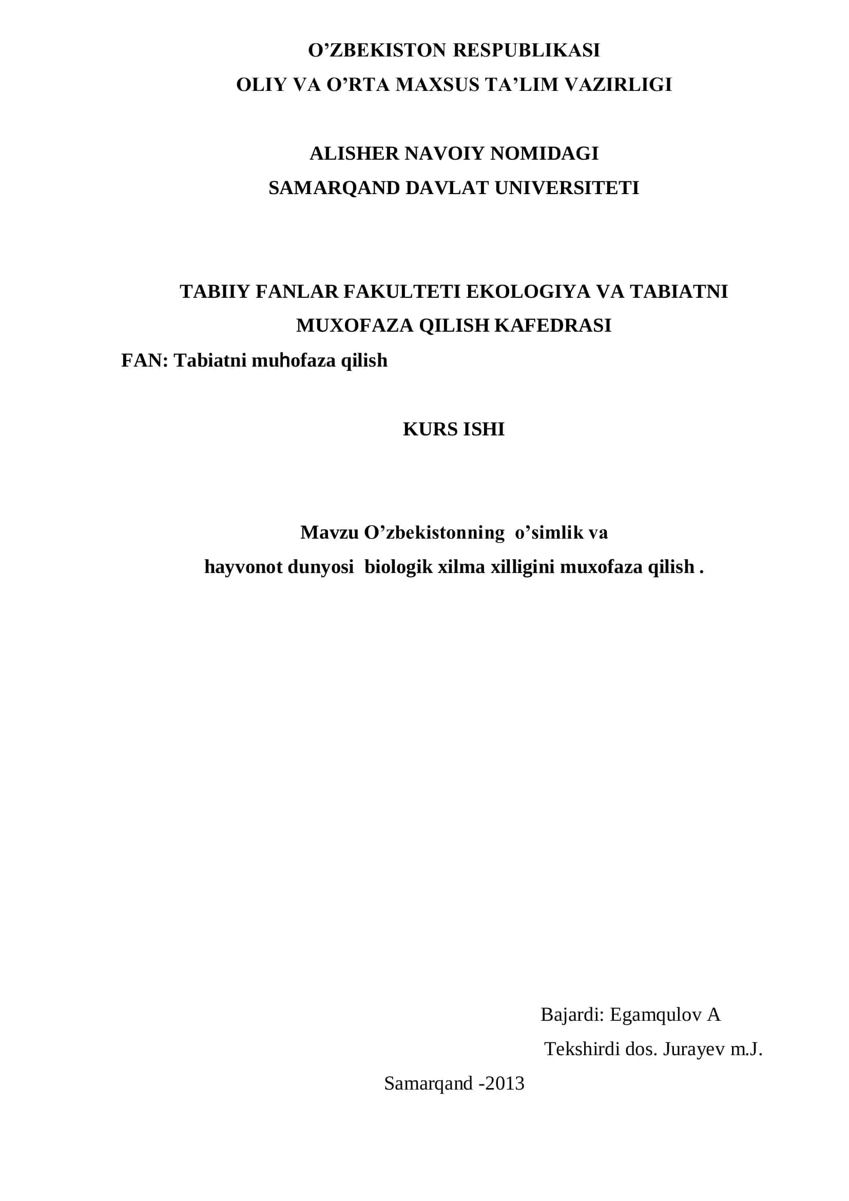 O’zbekistonning o’simlik va hayvonot dunyosi biologik xilma xilligini muxofaza qilish 1