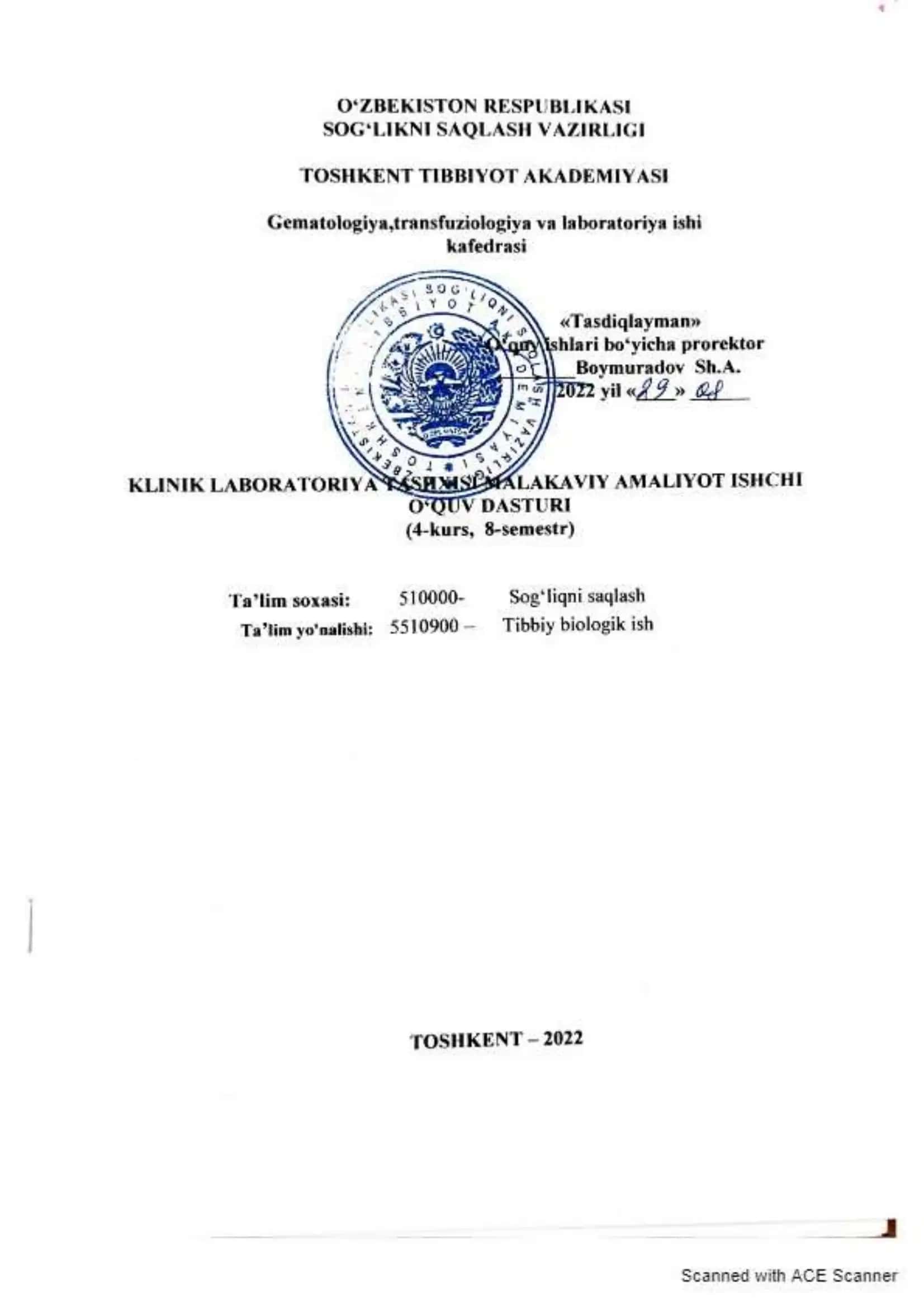Klinik laboratoriya tashxisi malakaviy amaliyot ishchi o'quv dasturi. gematologiya, transfuziologiya, klinik laboratoriya 1