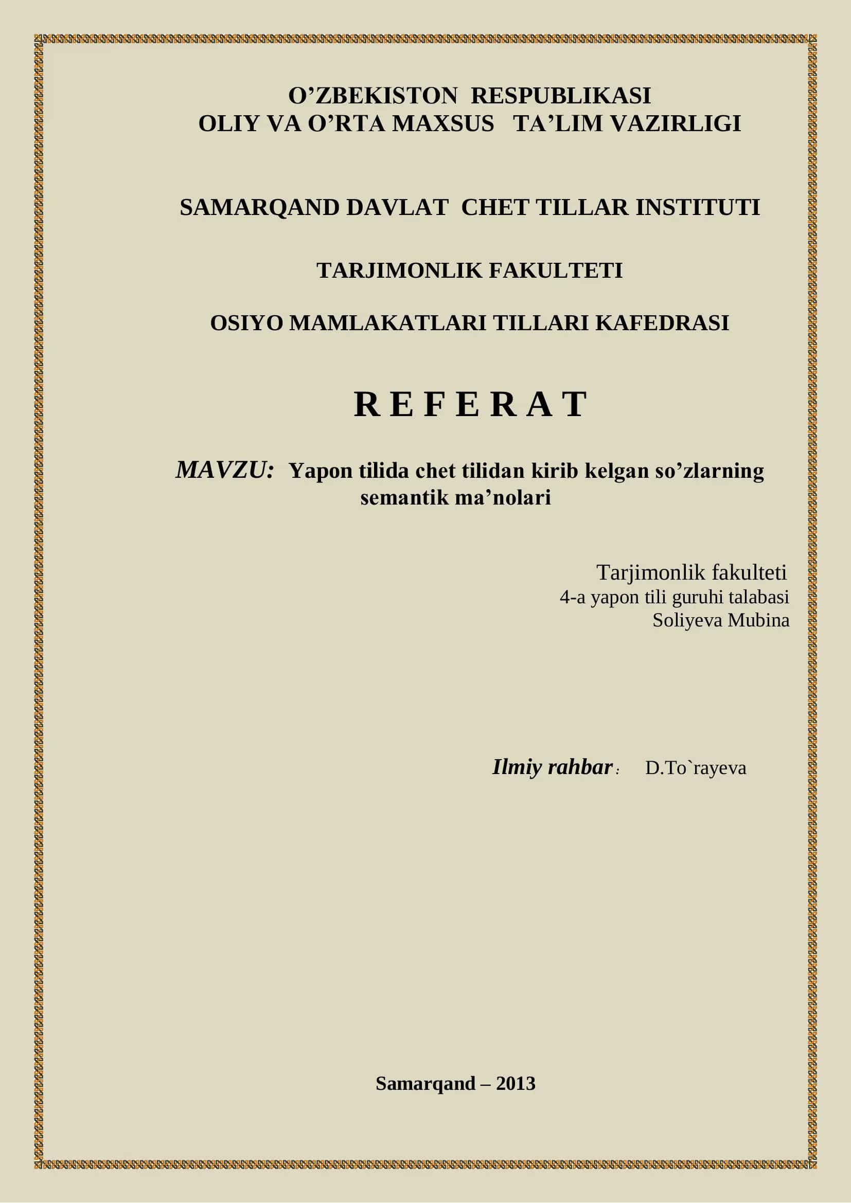 Yapon tilida chet tilidan kirib kelgan so’zlarning semantik ma’nolari 1