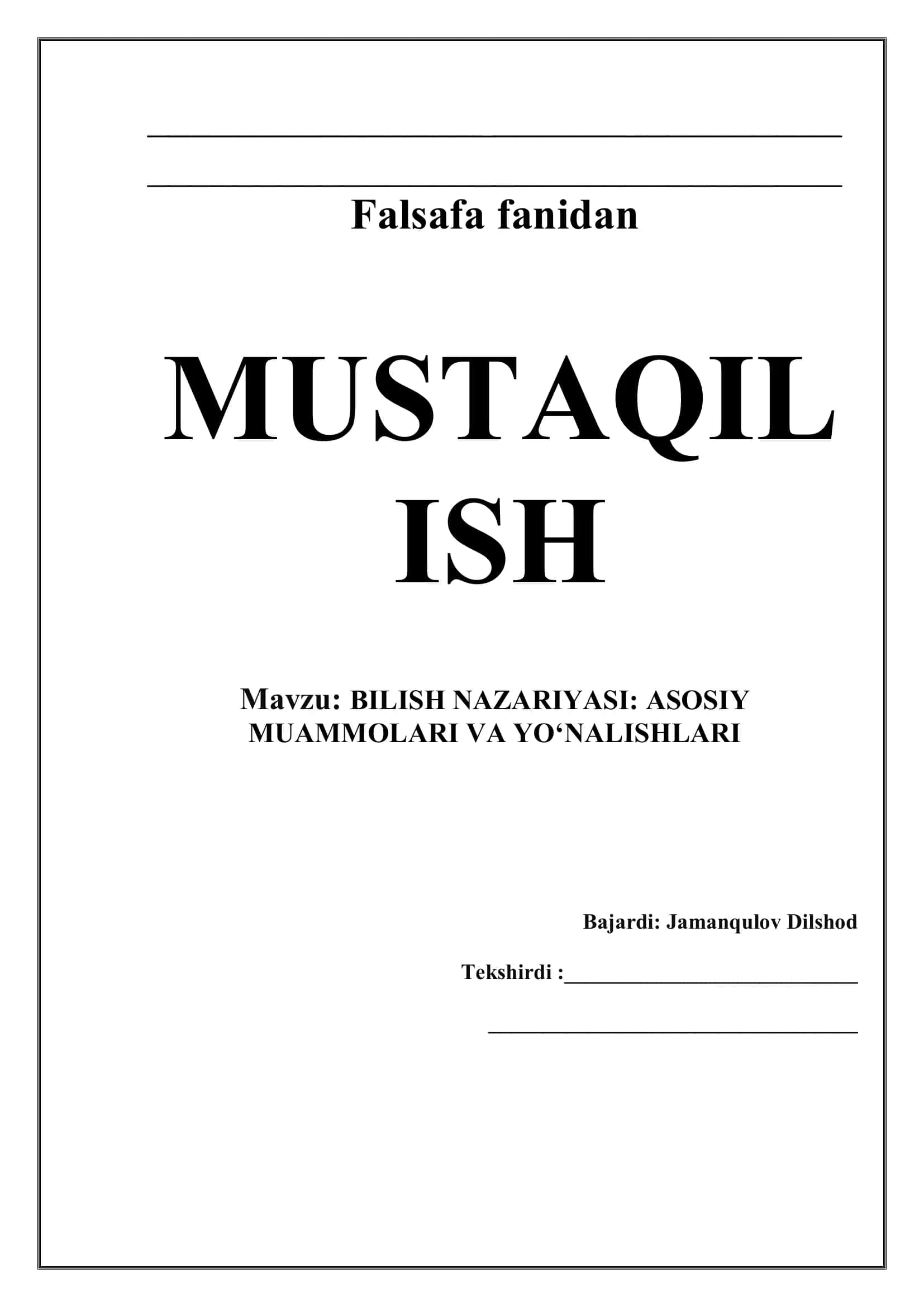 BILISH NAZARIYASI: ASOSIY MUAMMOLARI VA YO‘NALISHLARI 1