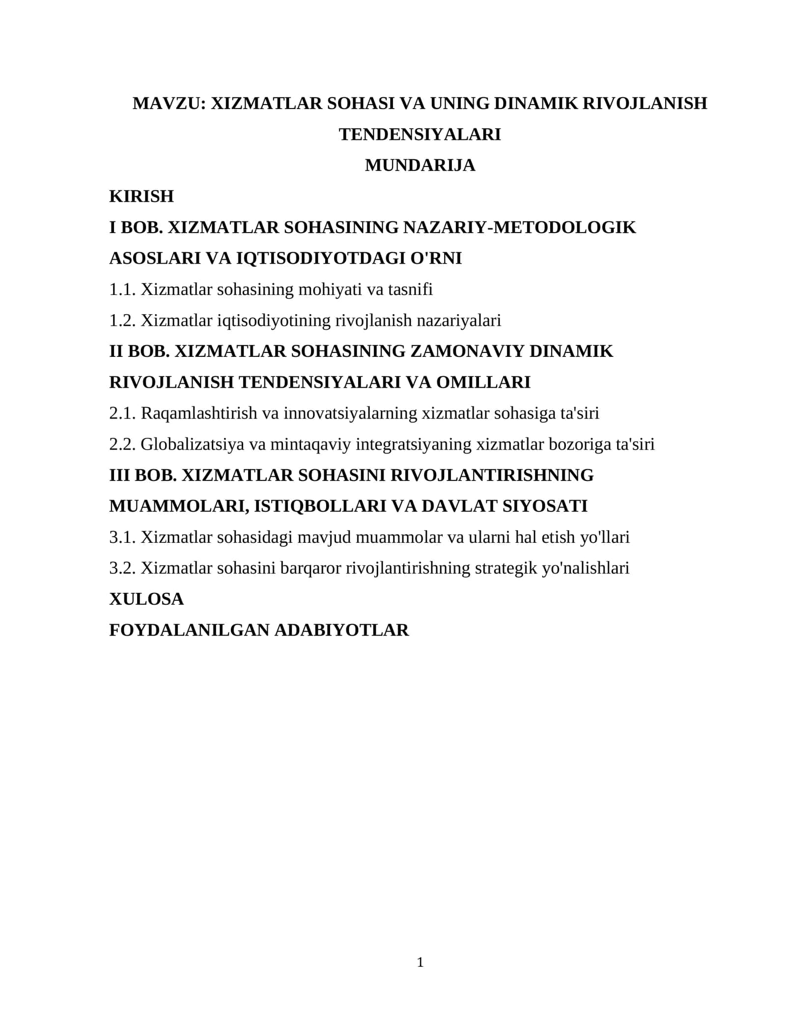 XIZMATLAR SOHASI VA UNING DINAMIK RIVOJLANISH TENDENSIYALARI 1