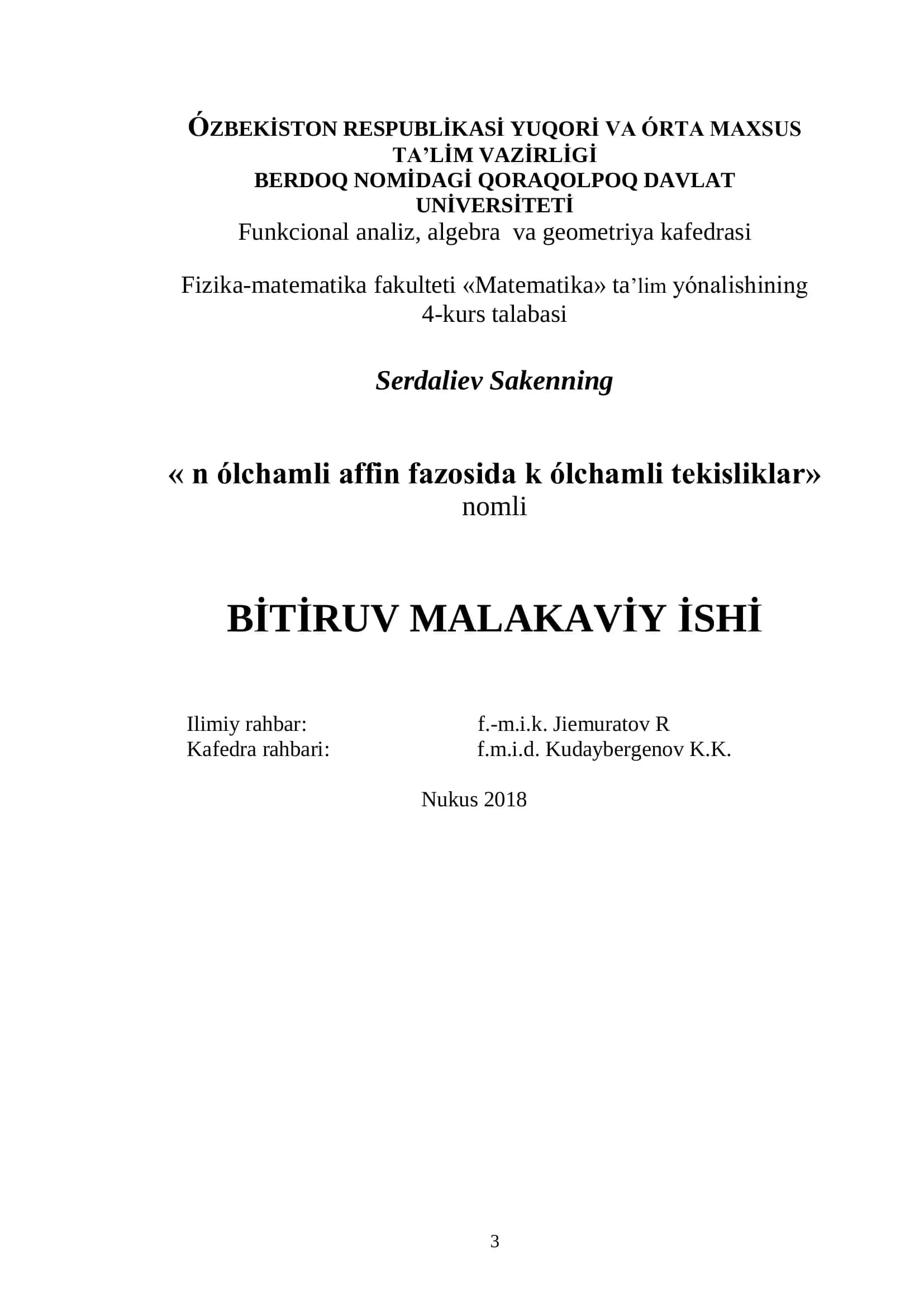 « n ólchamli affin fazosida k ólchamli tekisliklar» 1