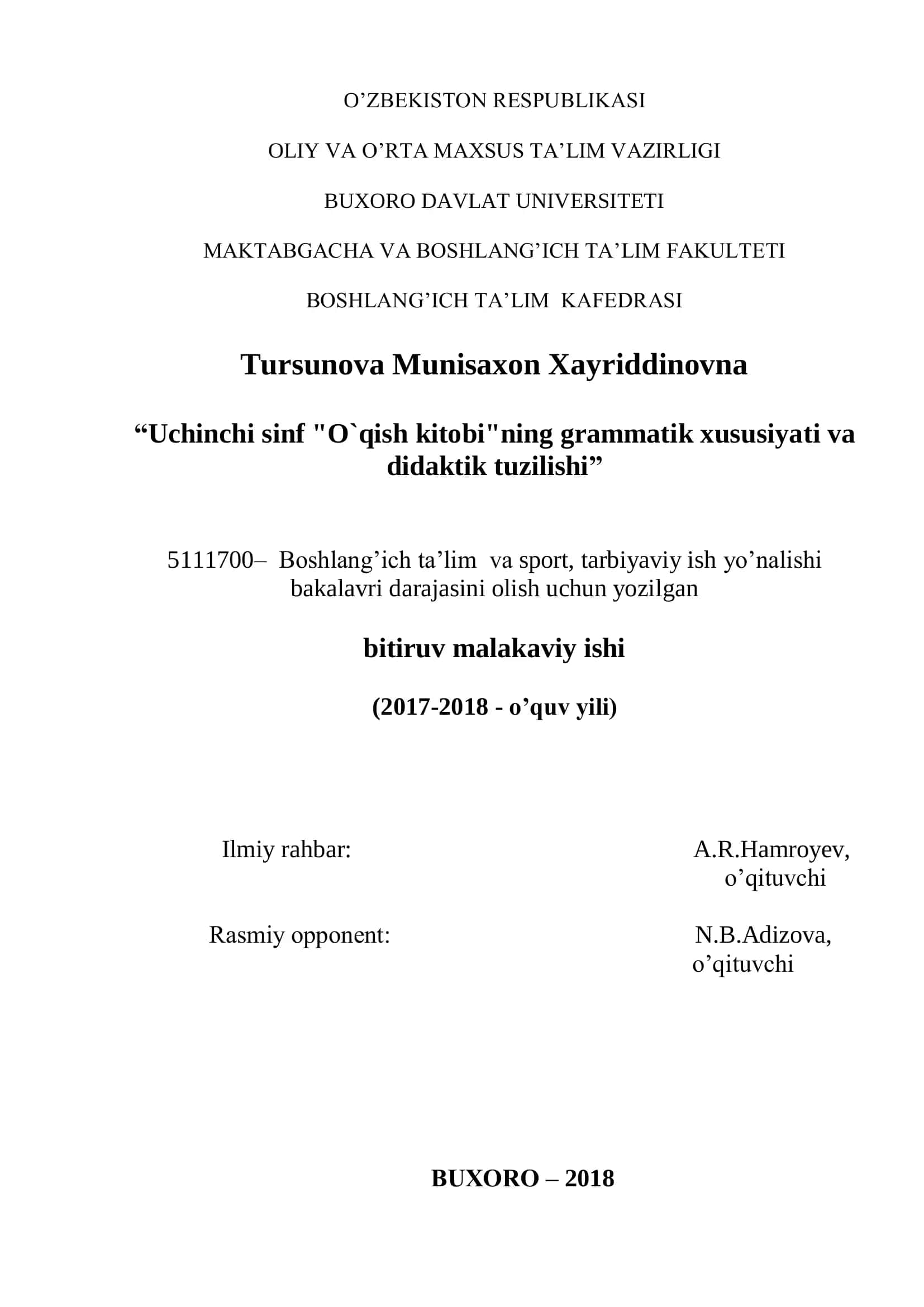 Uchinchi sinf "O`qish kitobi"ning grammatik xususiyati va didaktik tuzilishi 1