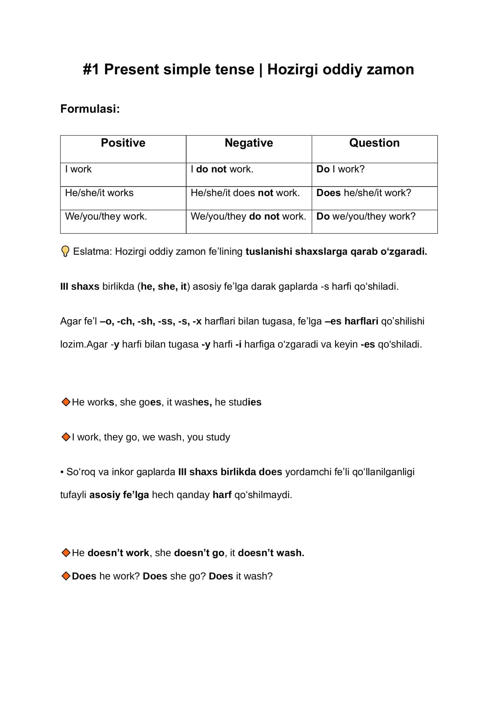 Present simple tense | Hozirgi oddiy zamon 1