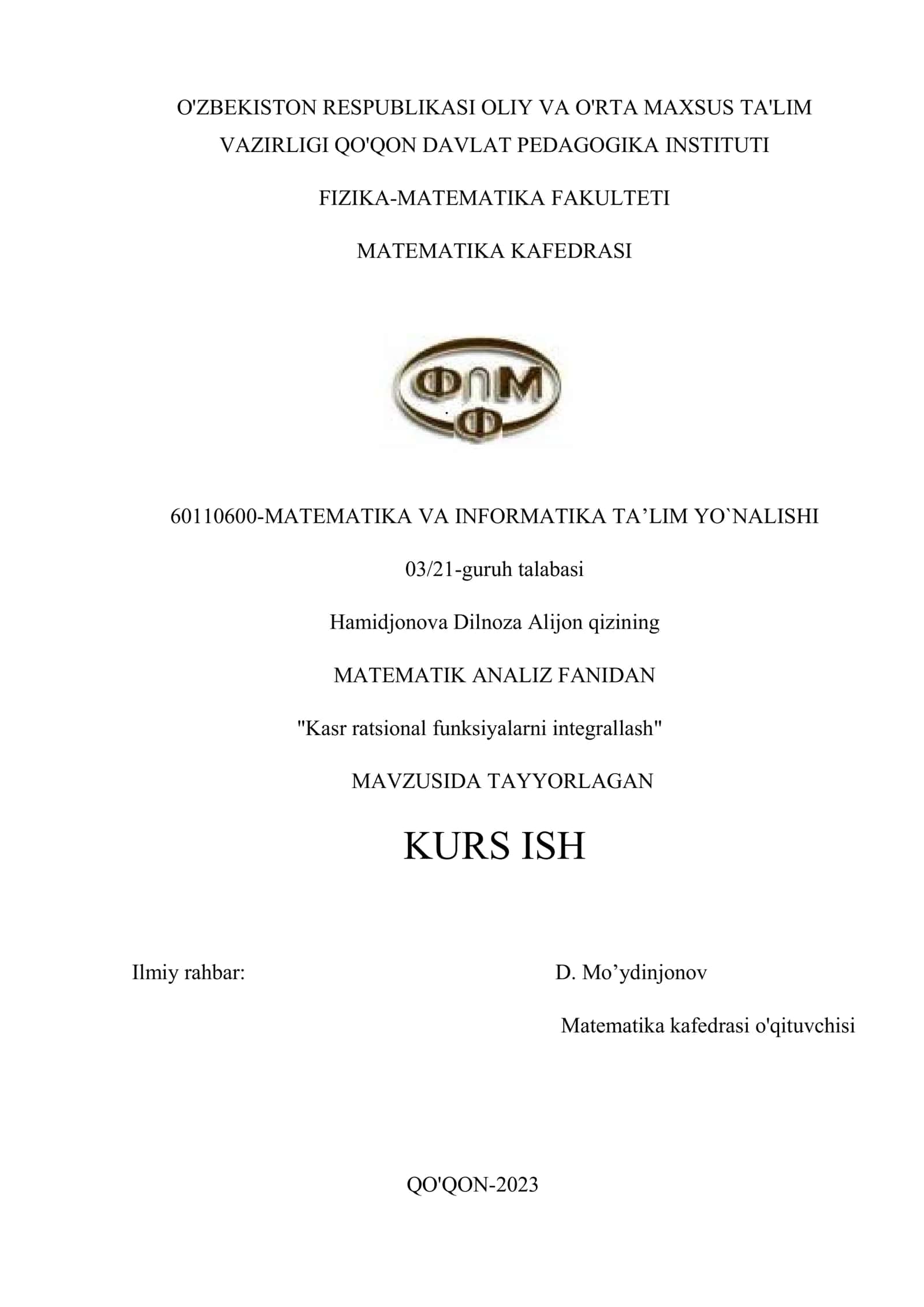 Kasr ratsional funksiyalarni integrallash 1