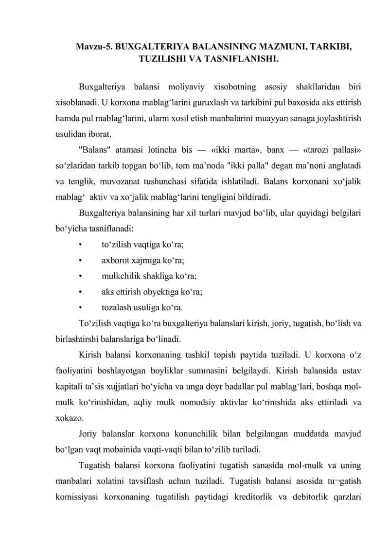 BUXGALTERIYA BALANSINING MAZMUNI, TARKIBI, TUZILISHI VA TASNIFLANISHI
