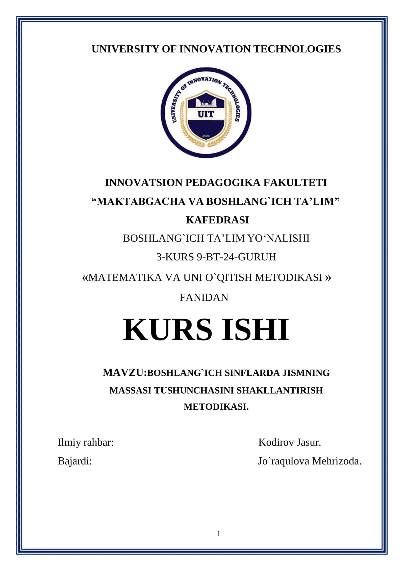 BOSHLANG`ICH SINFLARDA JISMNING 
MASSASI TUSHUNCHASINI SHAKLLANTIRISH 
METODIKASI. 1
