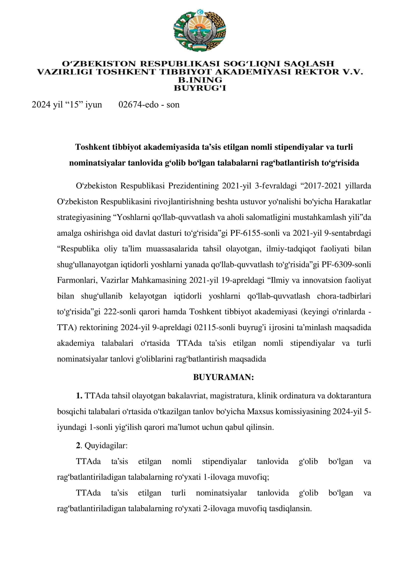 Nomli stipendiyalar va turli nominatsiyalar tanlovida g‘olib bo‘lgan talabalarni rag‘batlantirish to‘g‘risida 1