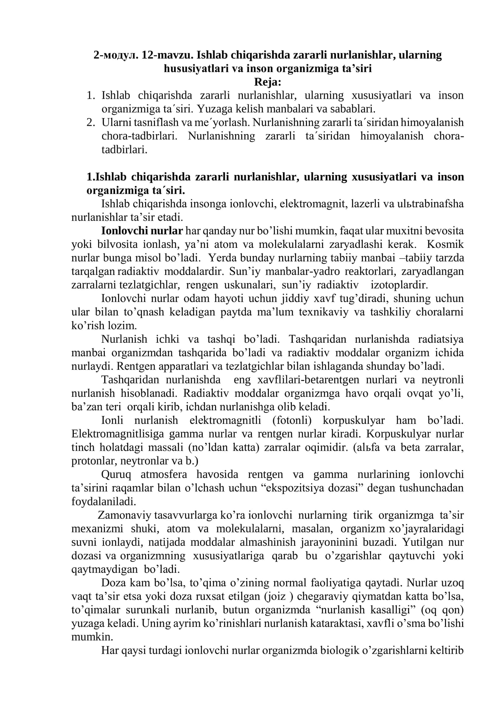 Ishlab chiqarishda zararli nurlanishlar, ularning hususiyatlari va inson organizmiga ta’siri 1