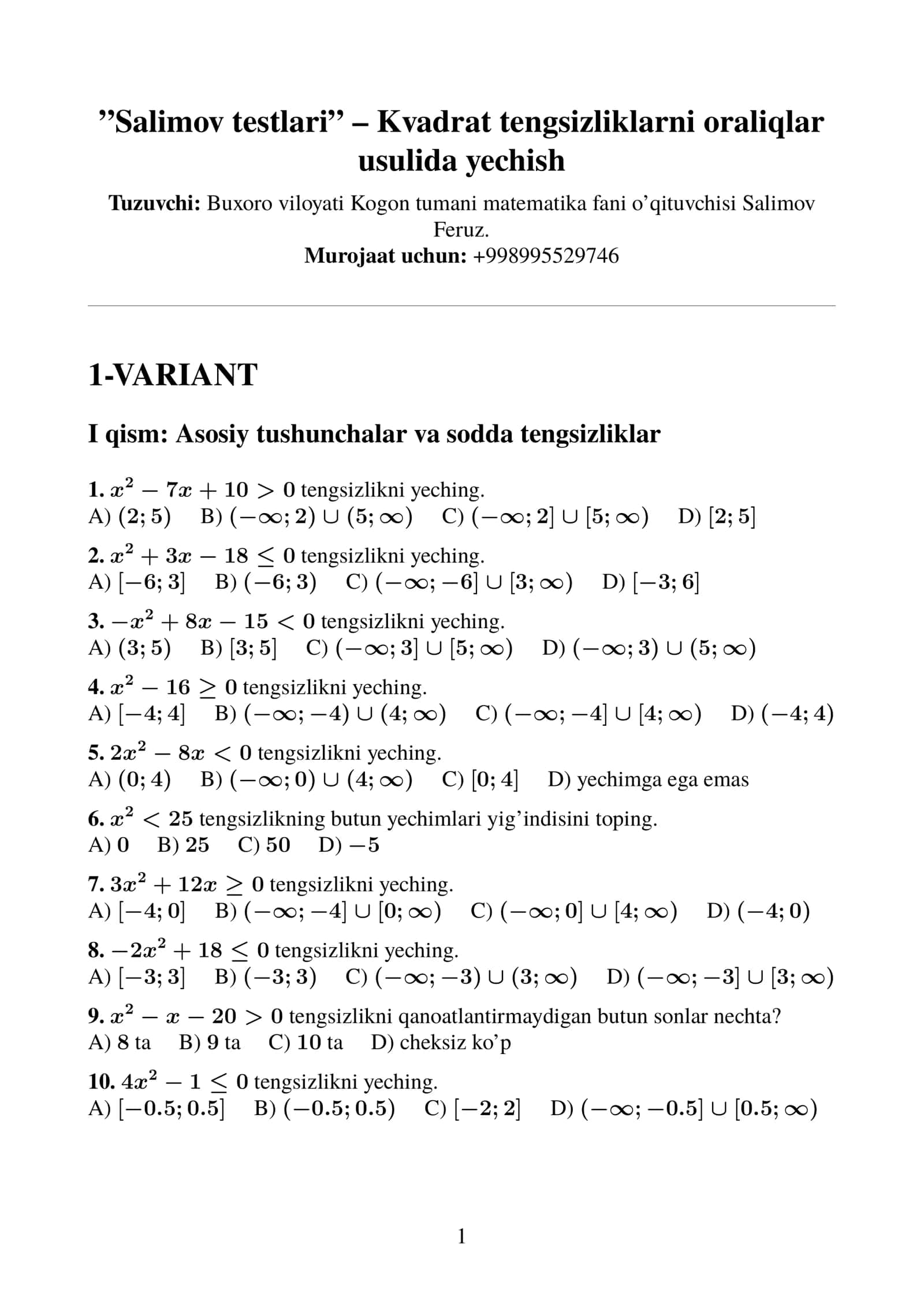 Kvadrat tengsizliklarni oraliqlar usulida yechish 1