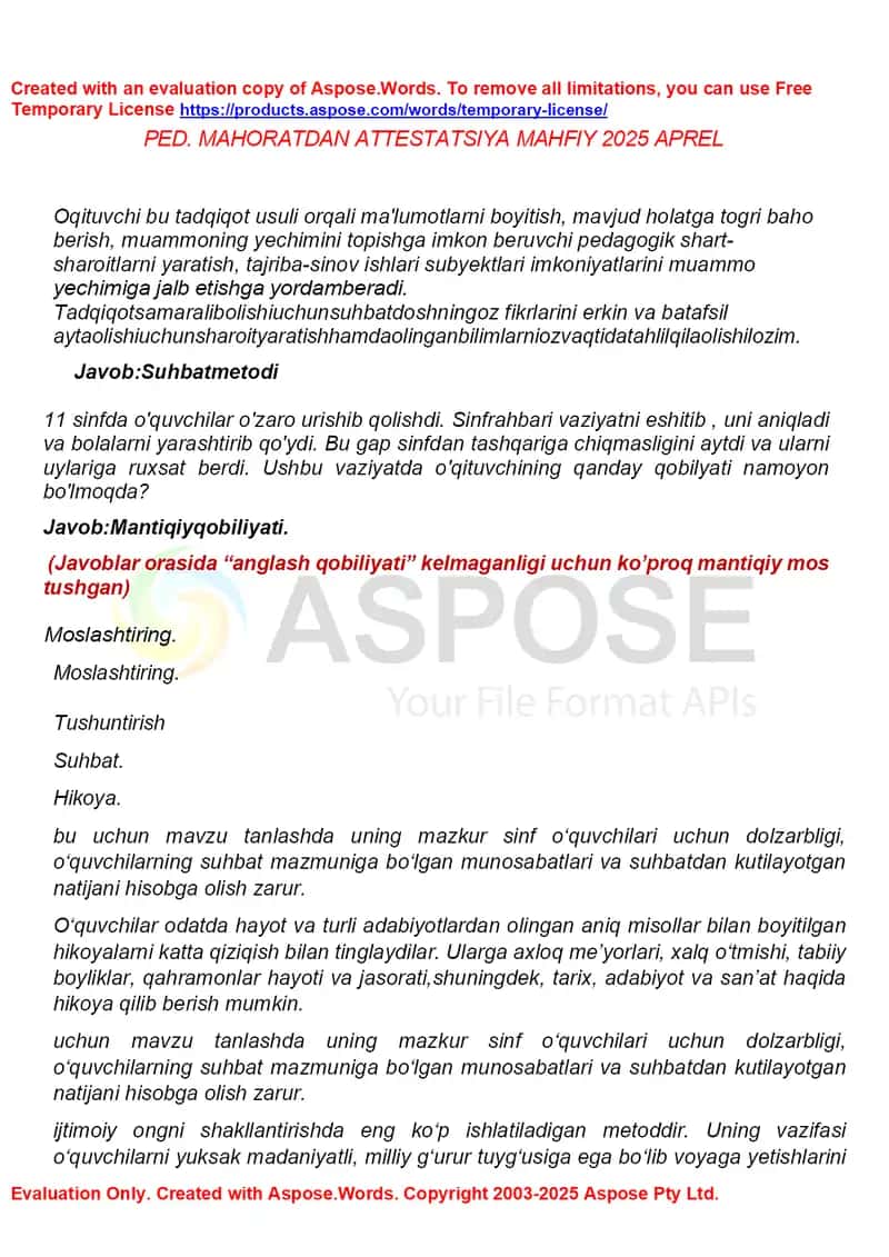 PED MAHORATDAN ATTESTATSIYA MAHFIY 2025-2026 1