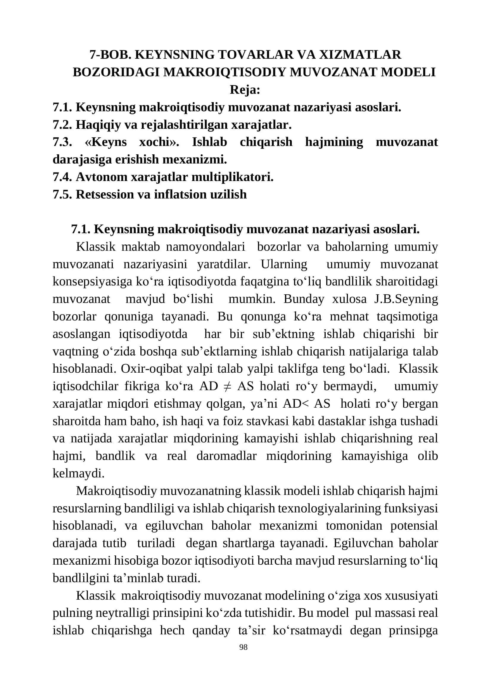 BOB. KEYNSNING TOVARLAR VA XIZMATLAR BOZORIDAGI MAKROIQTISODIY MUVOZANAT MODELI 1