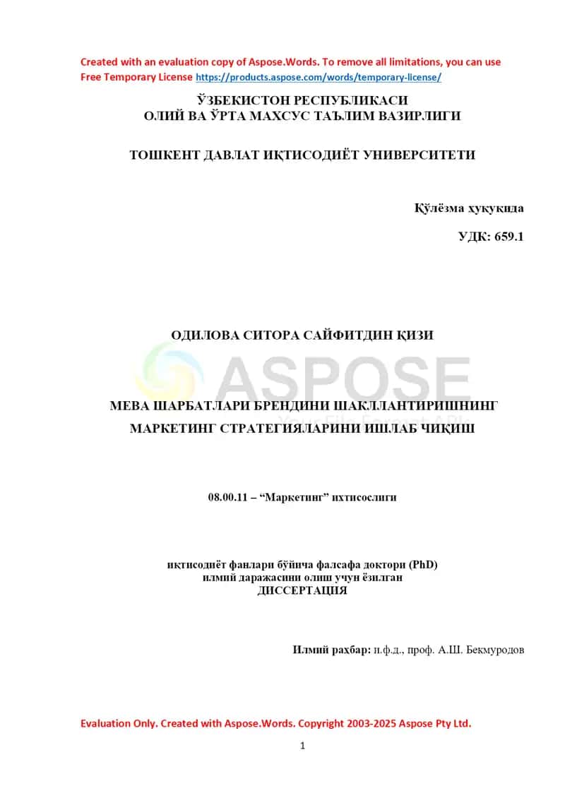 Meva sharbatlari brendini shakllantirishning marketing strategiyalarini ishlab chiqish 1
