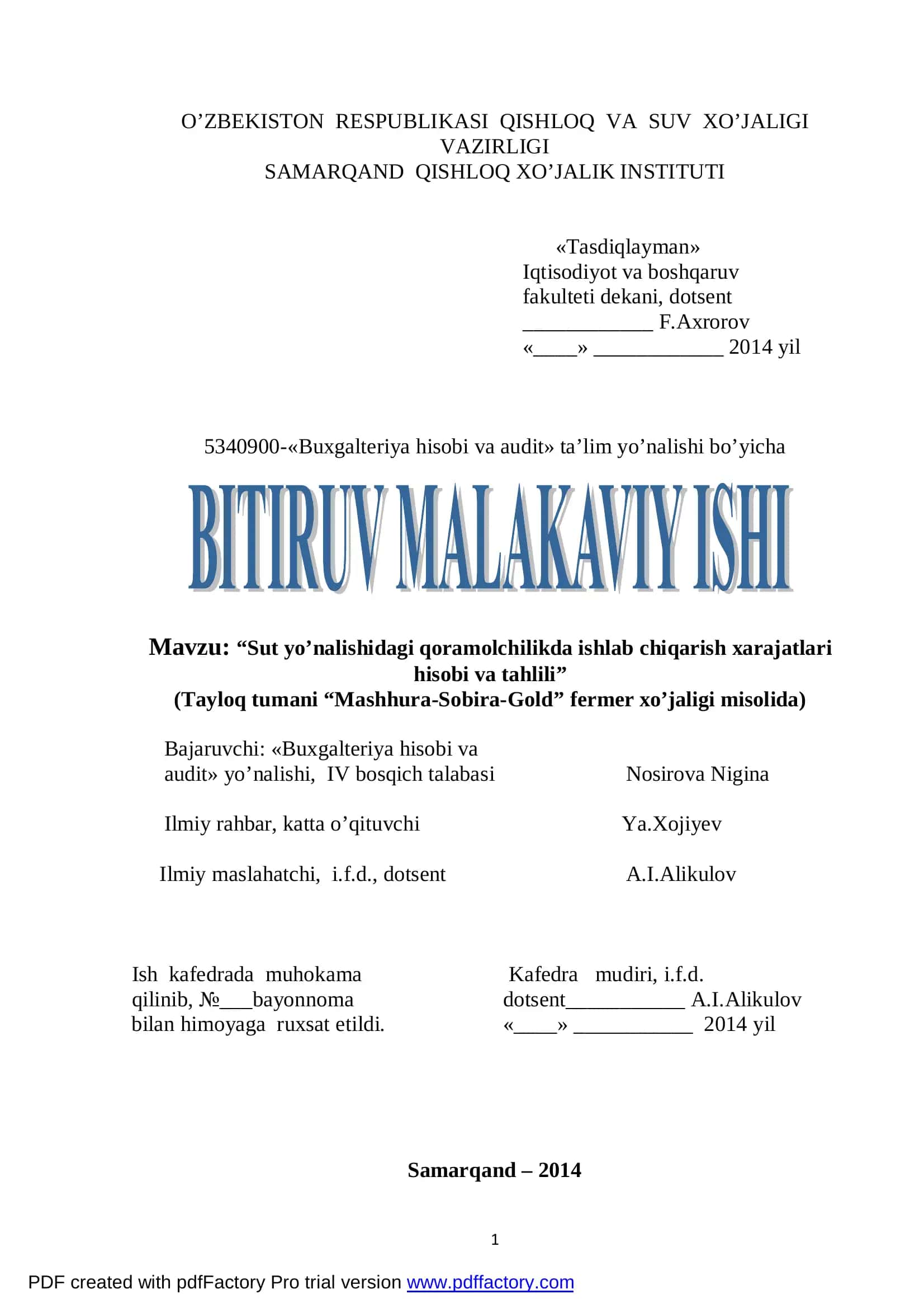 Sut yo’nalishidagi qoramolchilikda ishlab chiqarish xarajatlari hisobi va tahlili 1