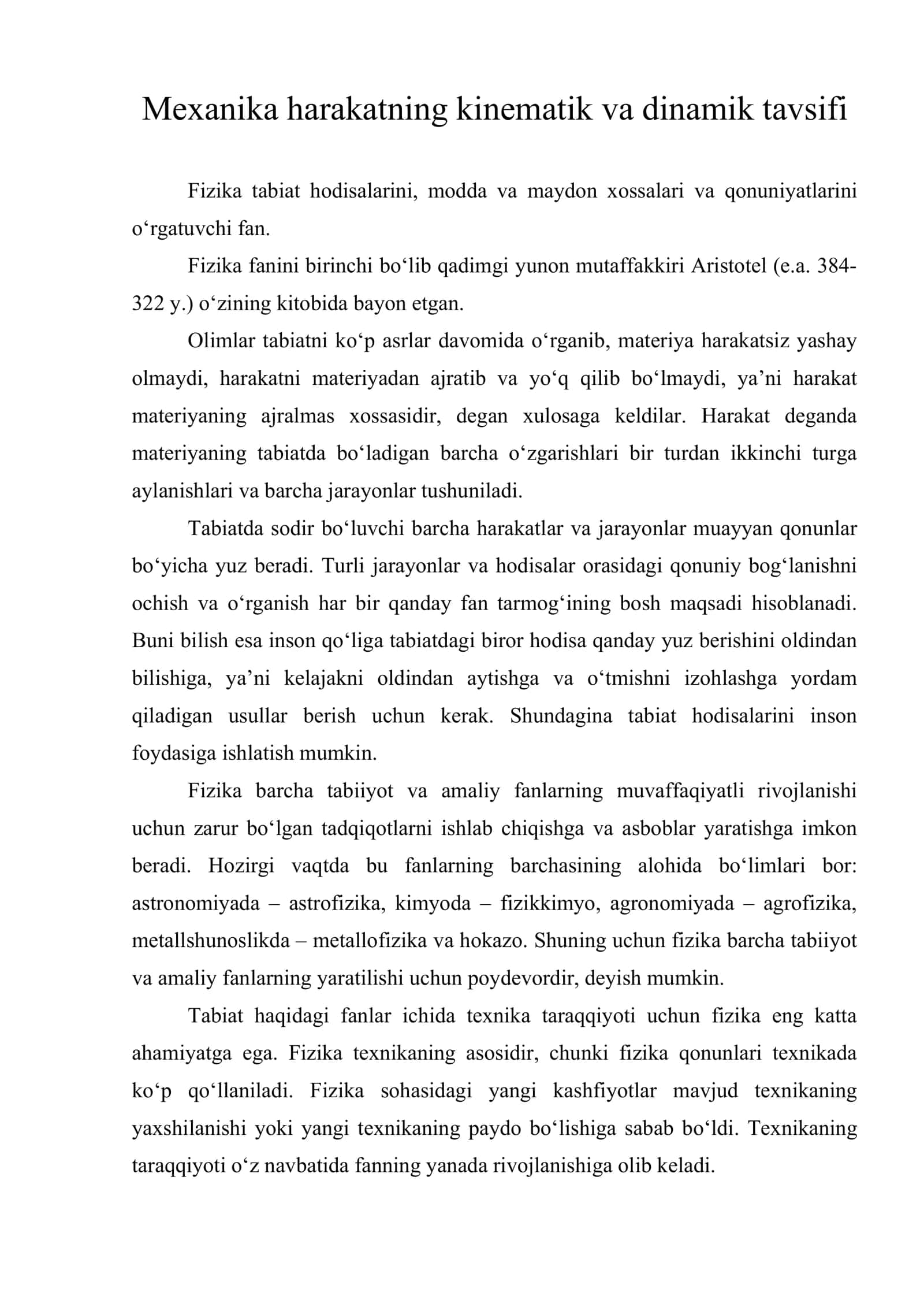 Mexanika harakatning kinematik va dinamik tavsifi 1