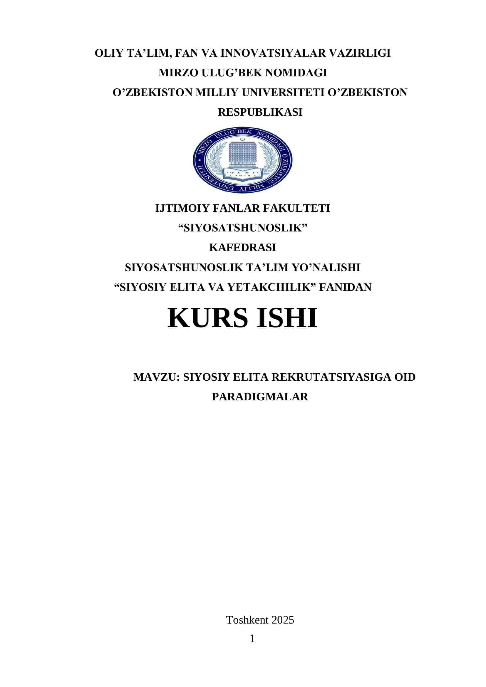 SIYOSIY ELITA REKRUTATSIYASIGA OID PARADIGMALAR 1