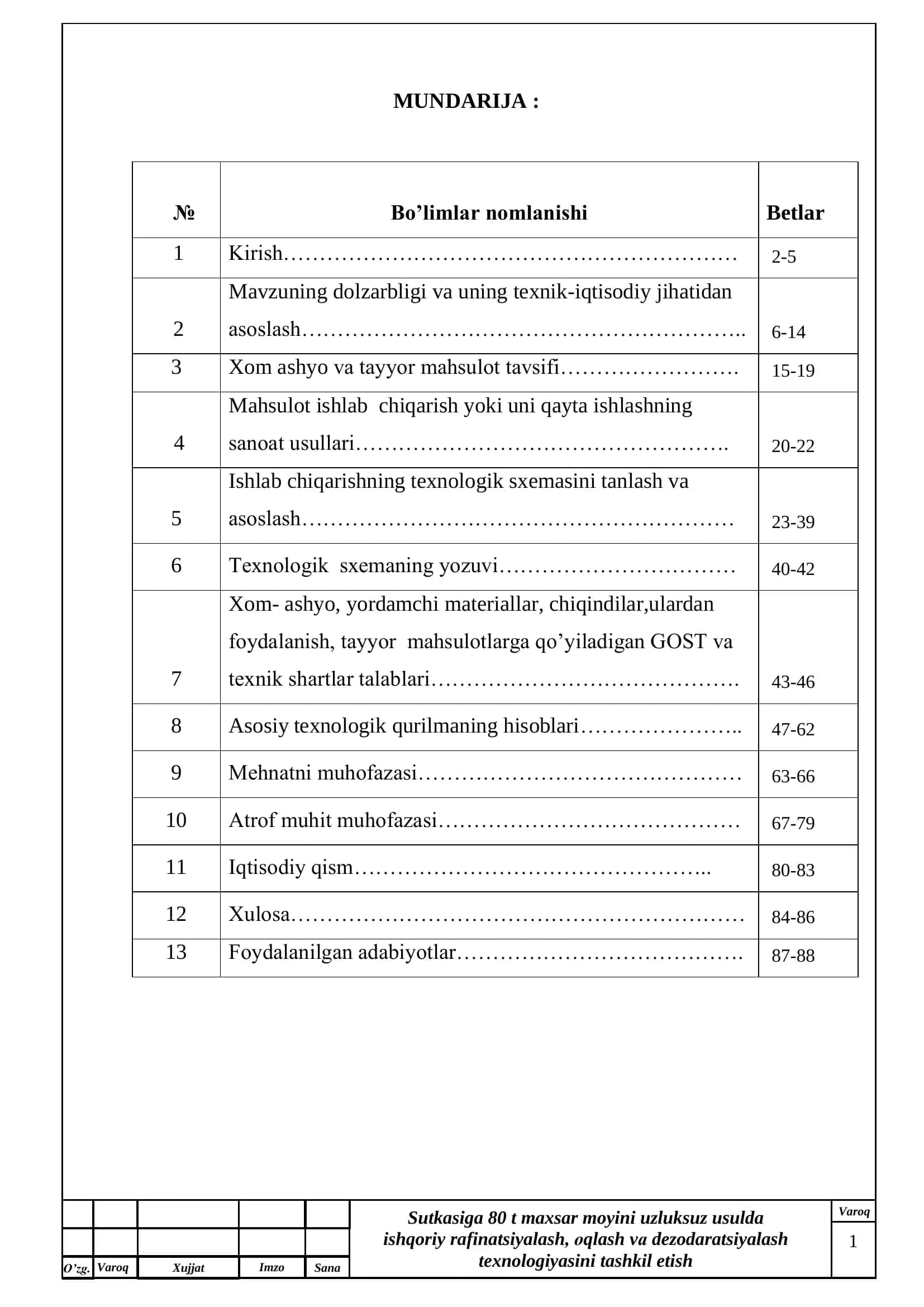 Sutkasiga 80 t maxsar moyini uzluksuz usulda ishqoriy rafinatsiyalash, оqlash vа dezodaratsiyalash texnologiyasini tashkil etish 1