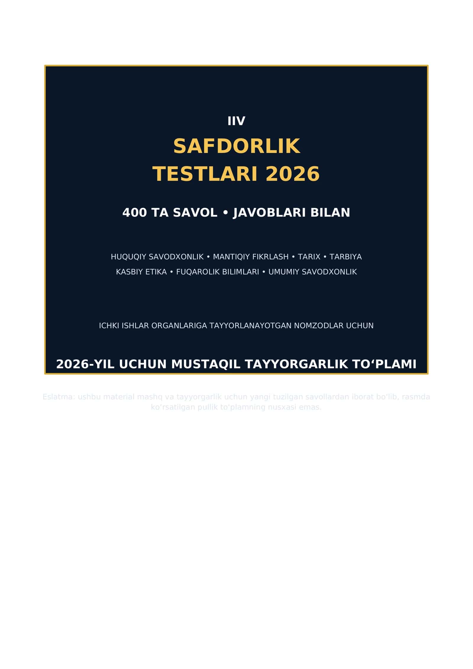 IIV SAFDORLIK TESTLARI 2026 Yangi javoblari bilan 1