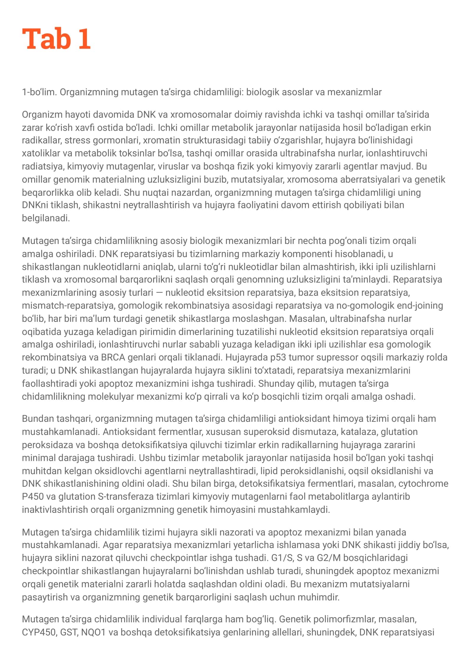 Organizmning mutagen ta’sirga chidamliligi: biologik asoslar va mexanizmlar 1