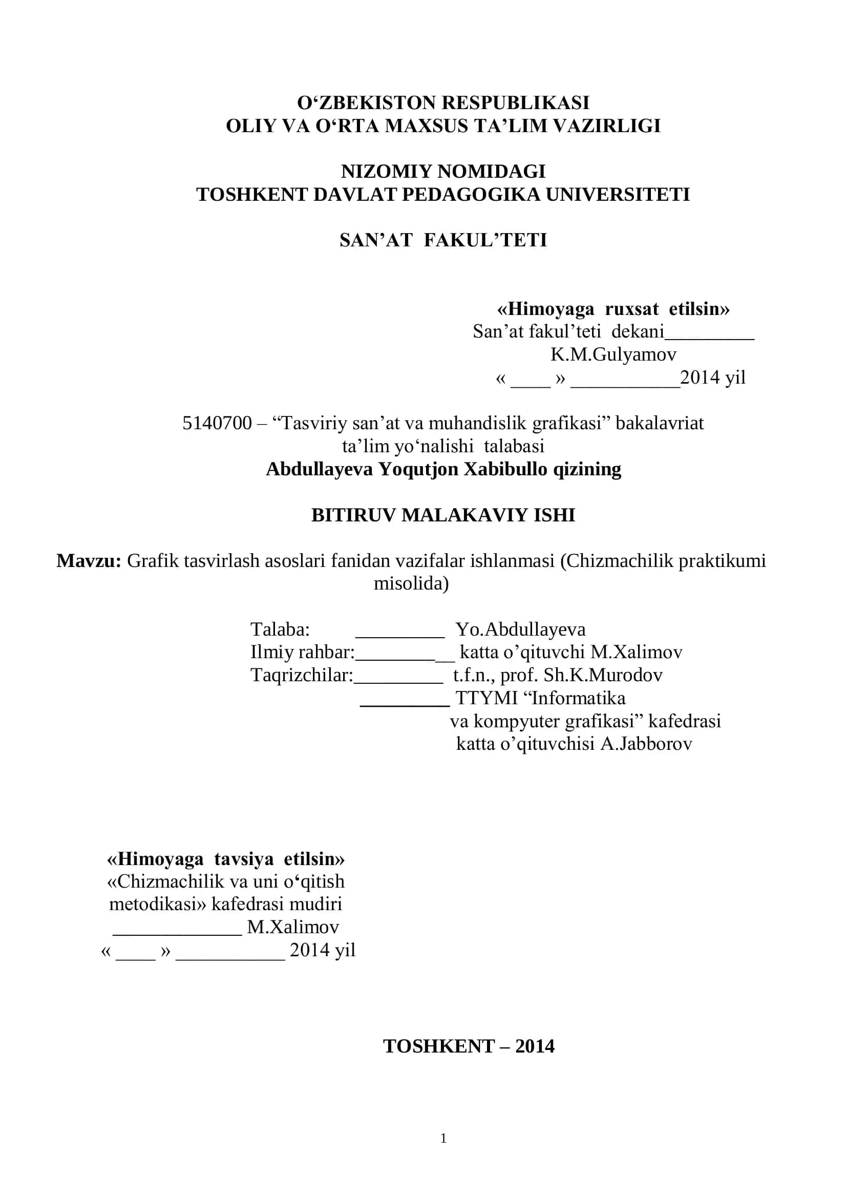 Grafik tasvirlash asoslari fanidan vazifalar ishlanmasi (Chizmachilik praktikumi misolida) 1