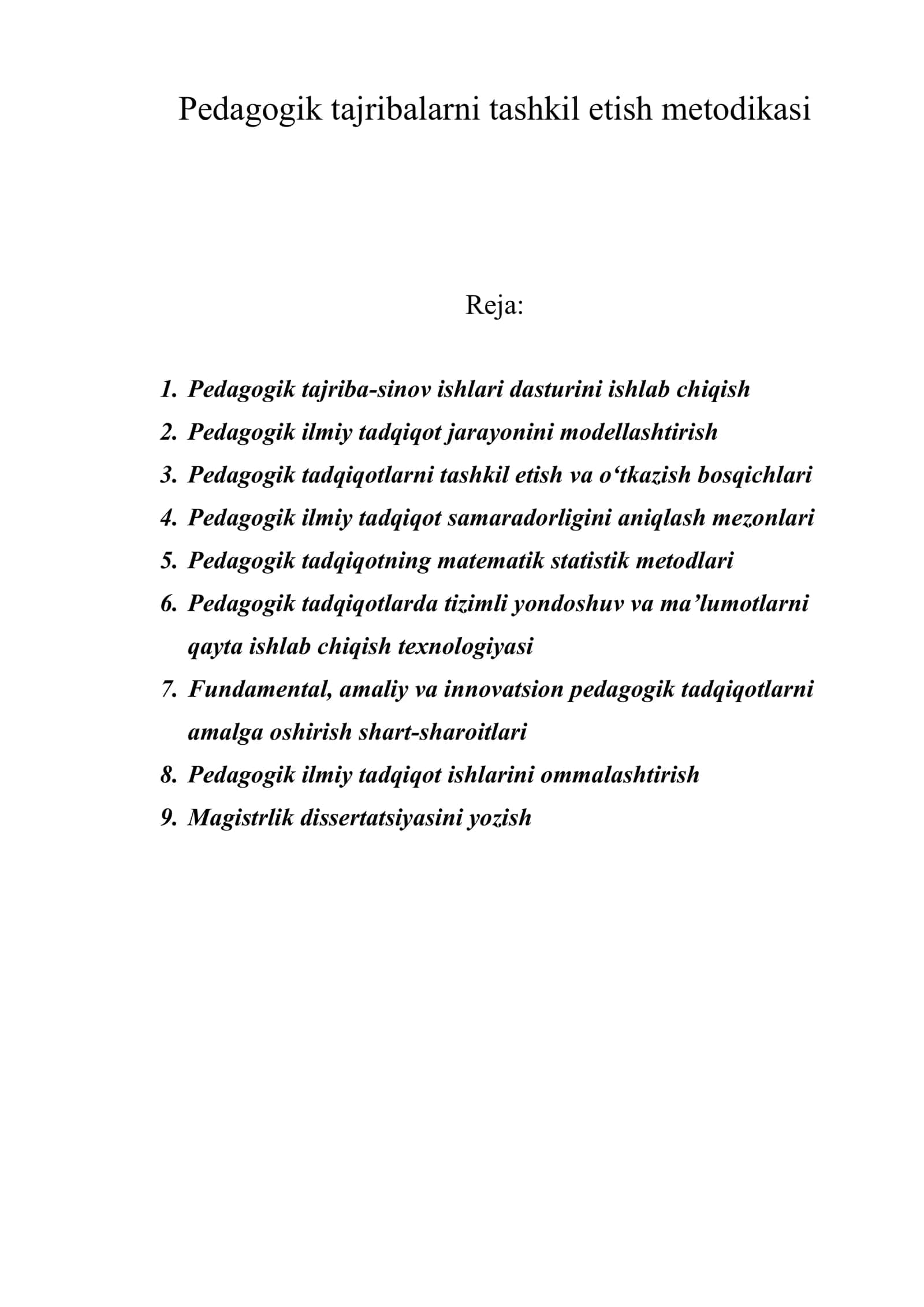 Pedagogik tajribalarni tashkil etish metodikasi 1