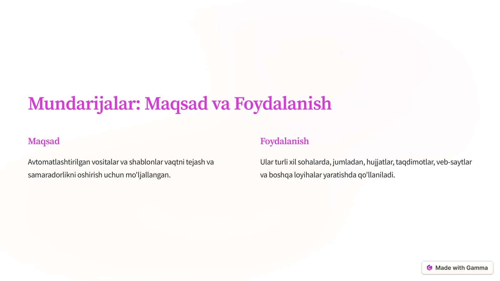 Mundarijalar: Maqsad va Foydalanish 1