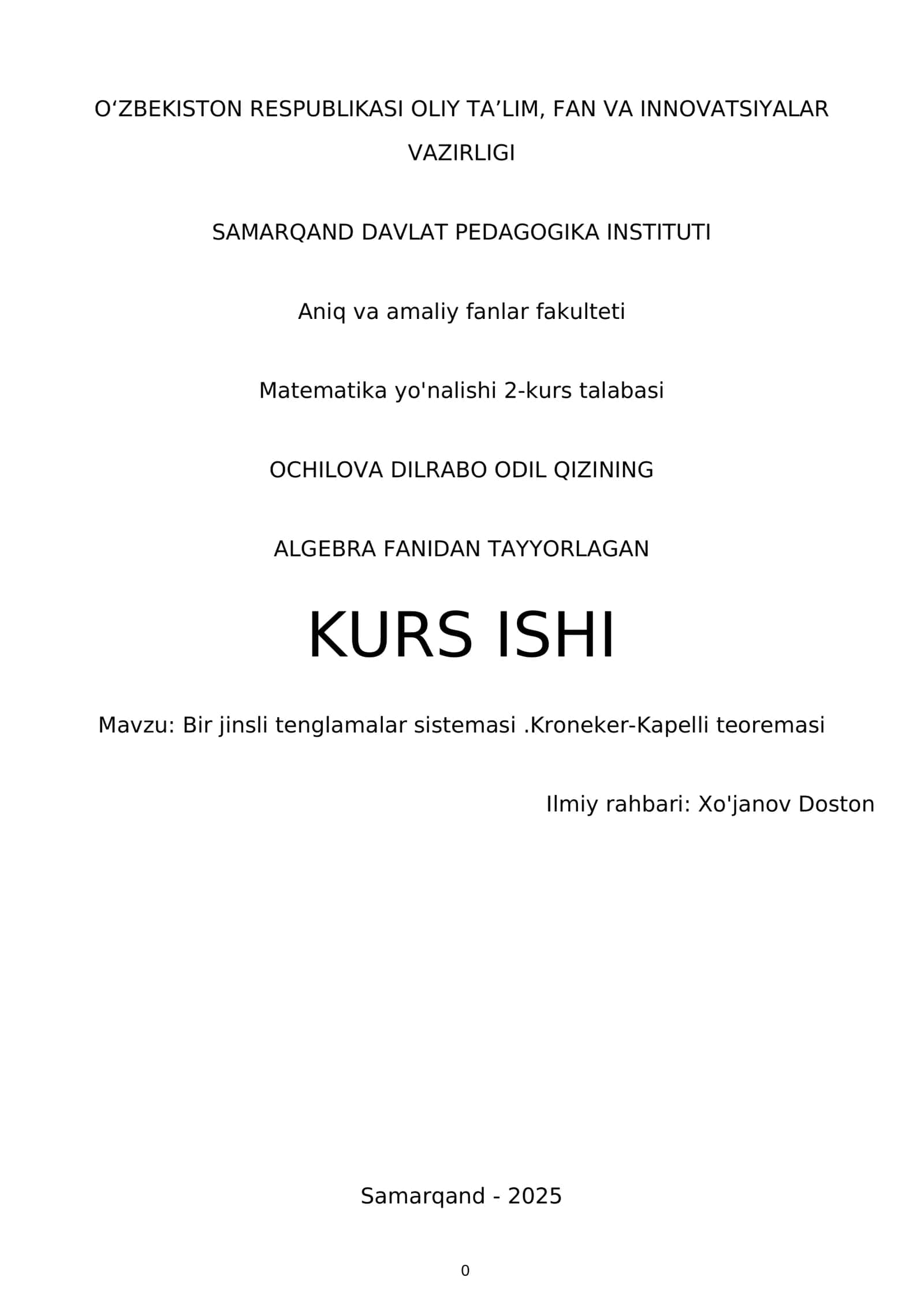 ALGEBRA Fanidan Tayyorlagan Kurs Ishi 1