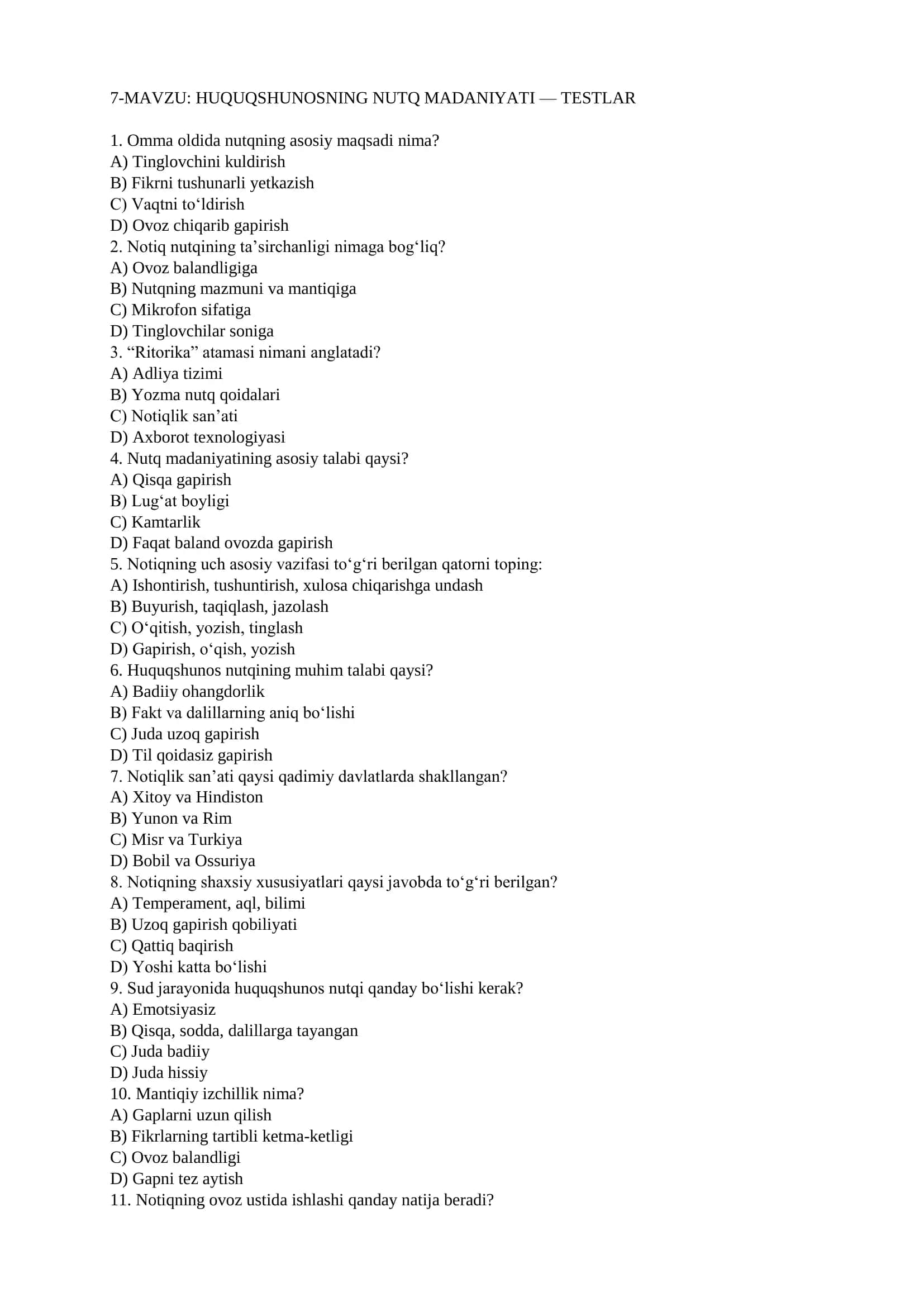 HUQUQSHUNOSNING NUTQ MADANIYATI — TESTLAR 1