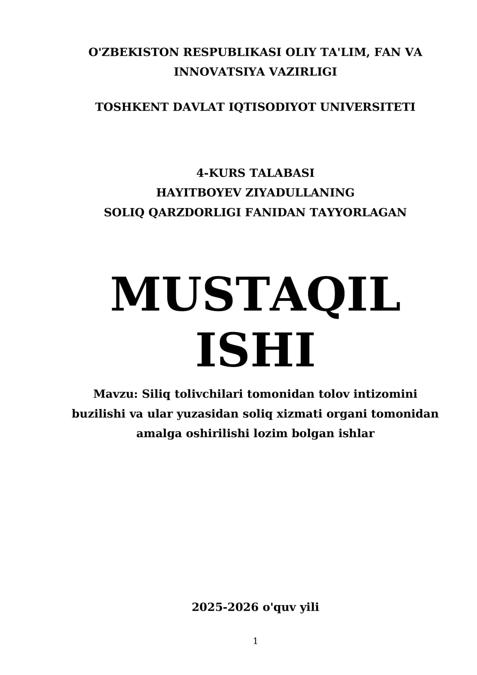 SOLIQ QARZDORLIGI FANIDAN TAYYORLAGAN MUSTAQIL ISHI 1