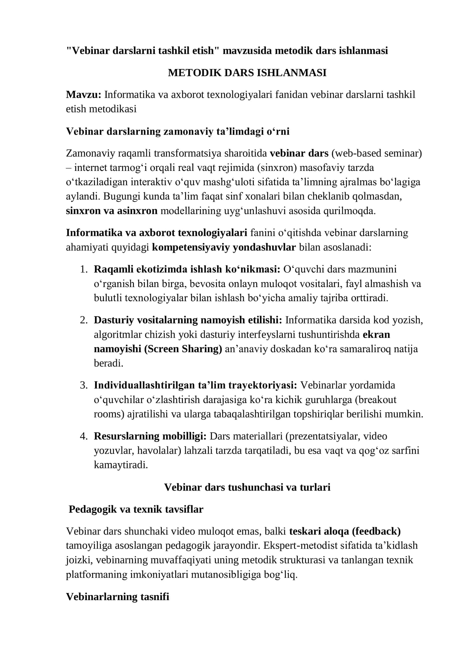 Informatika va axborot texnologiyalari fanidan vebinar darslarni tashkil etish metodikasi 1