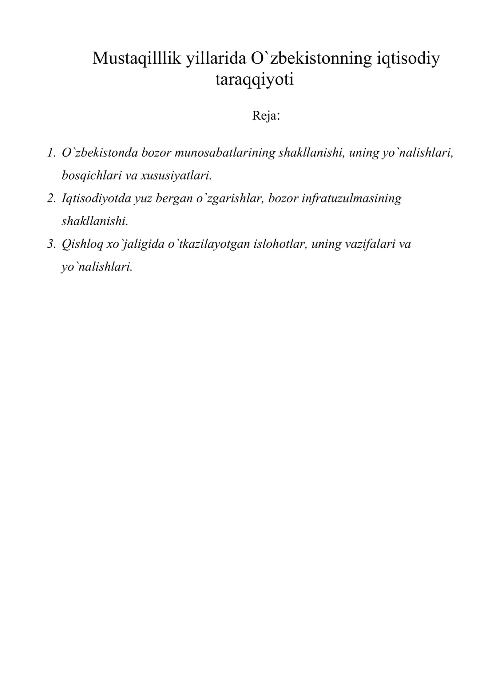 Mustaqilllik yillarida O`zbekistonning iqtisodiy taraqqiyoti 1