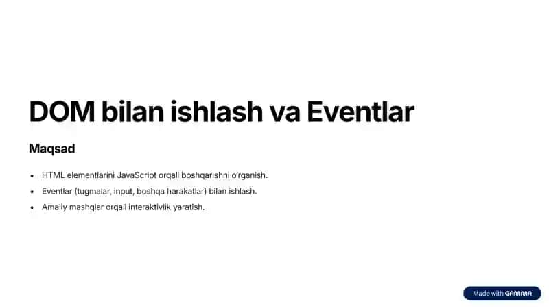 JavaScriptda DOM bilan ishlash va Eventlar