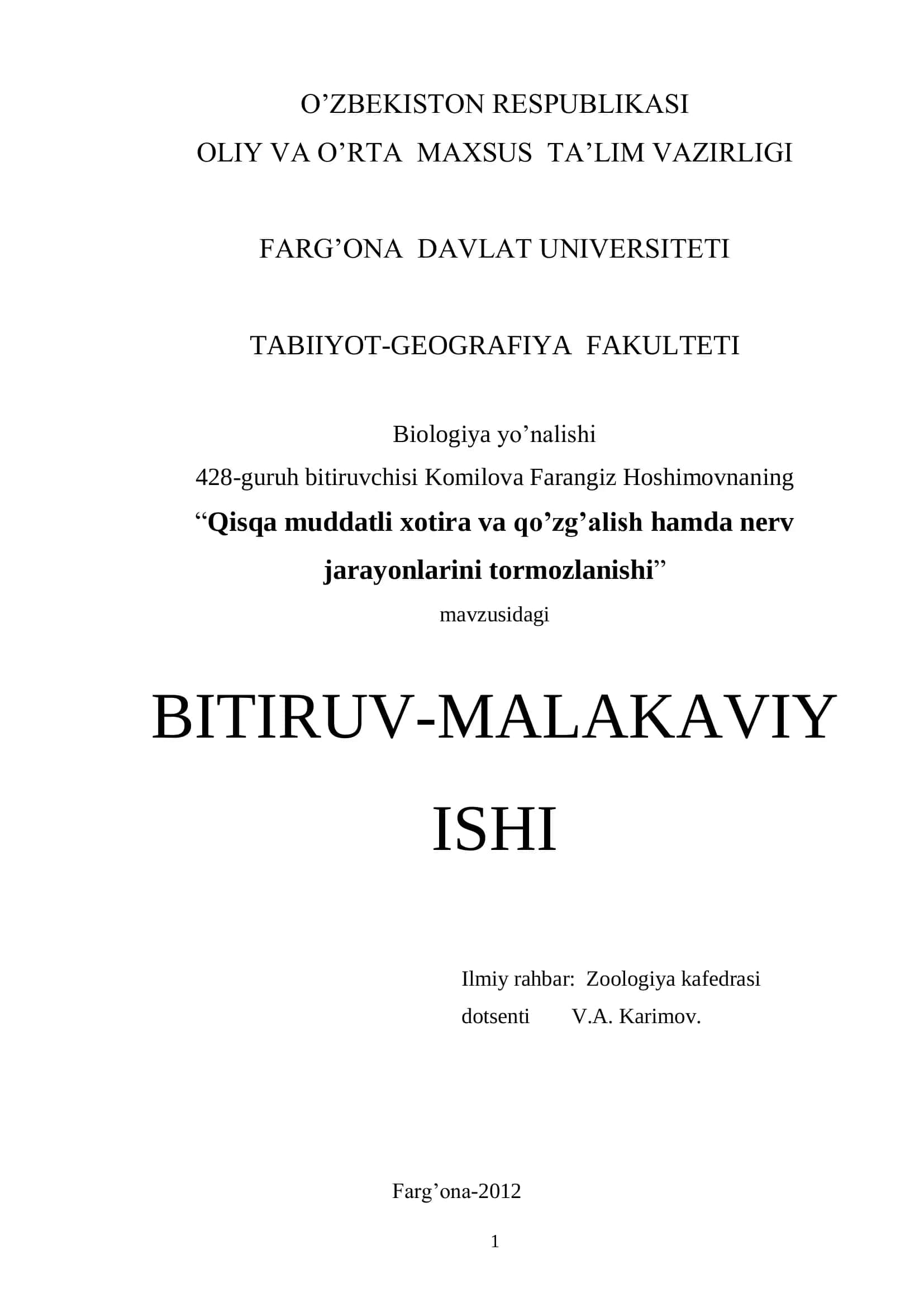 Qisqa muddatli xotira va qo’zg’alish hamda nerv jarayonlarini tormozlanishi 1