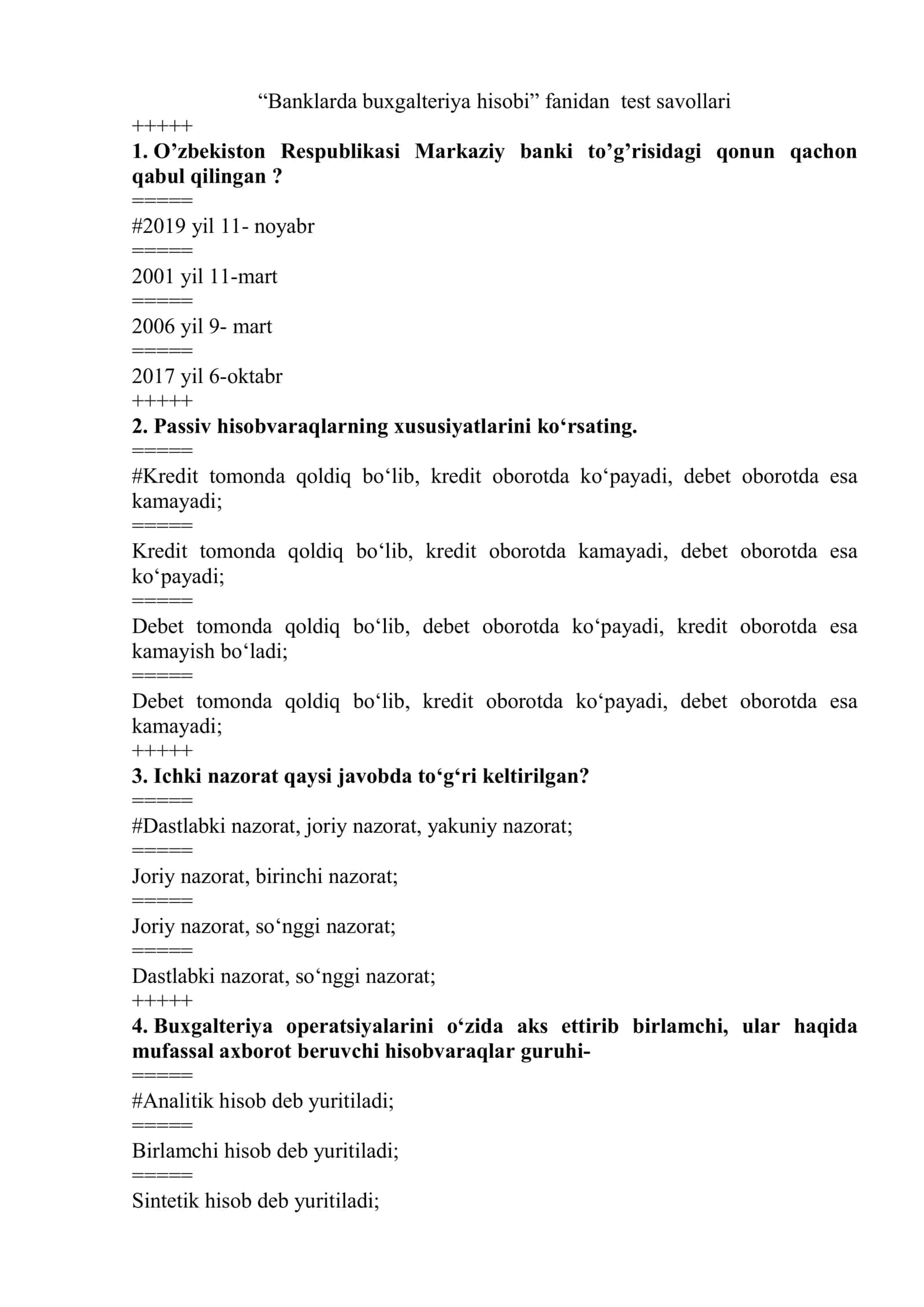 Banklarda buxgalteriya hisobi fanidan test savollari 1