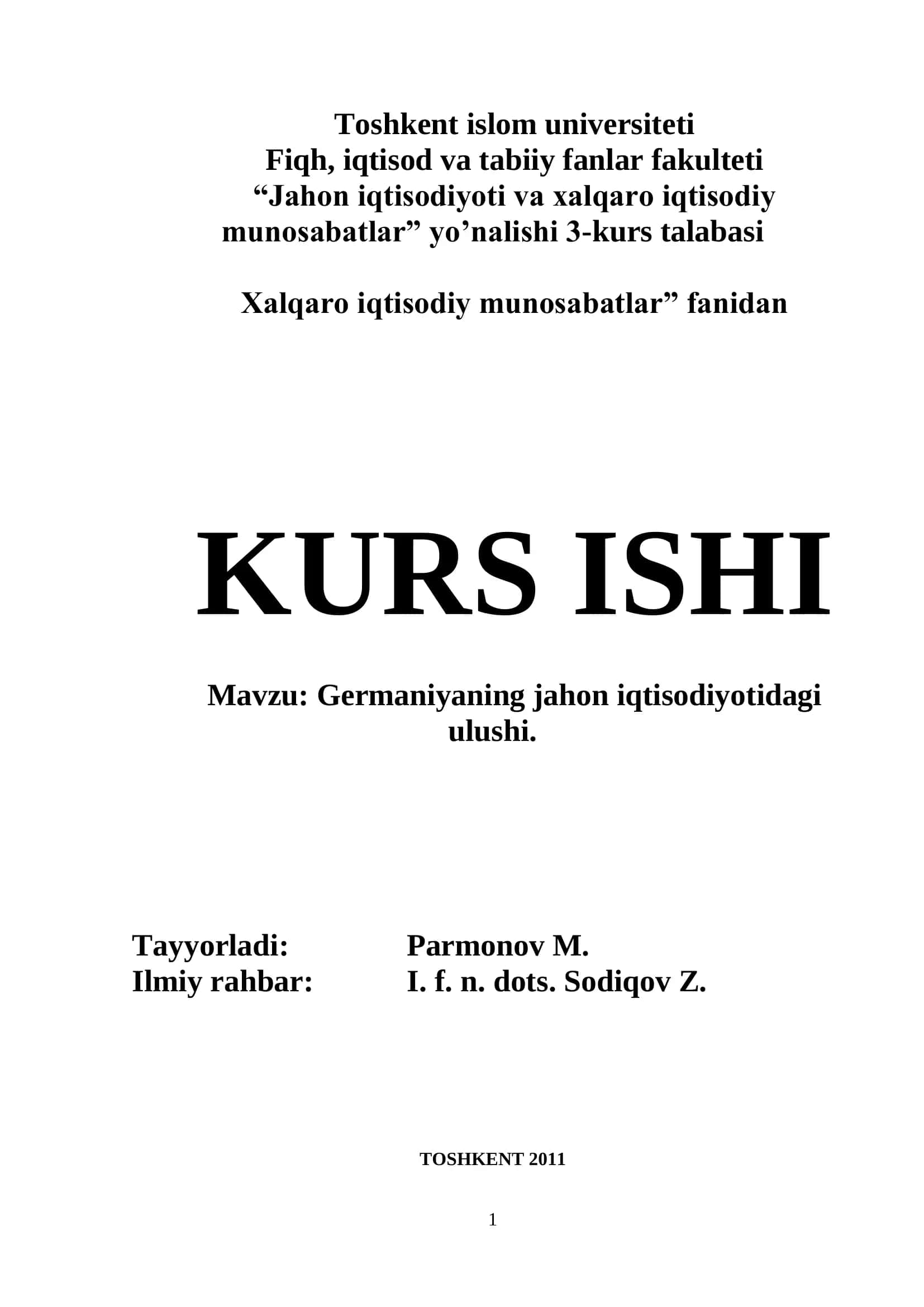 "Jahon iqtisodiyoti va xalqaro iqtisodiy munosabatlar" KURS ISHI 1