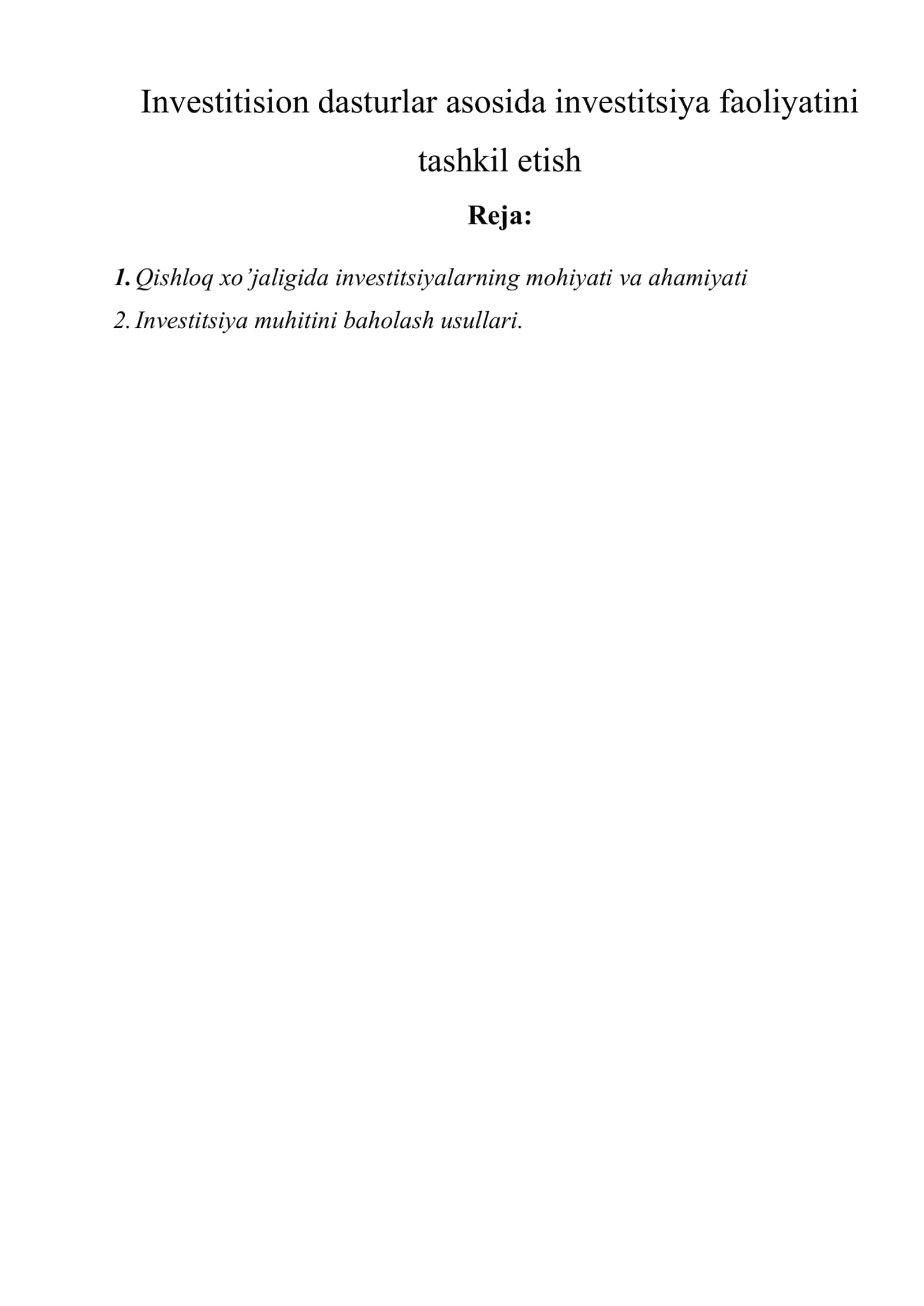 Investitision dasturlar asosida investitsiya faoliyatini tashkil etish 1