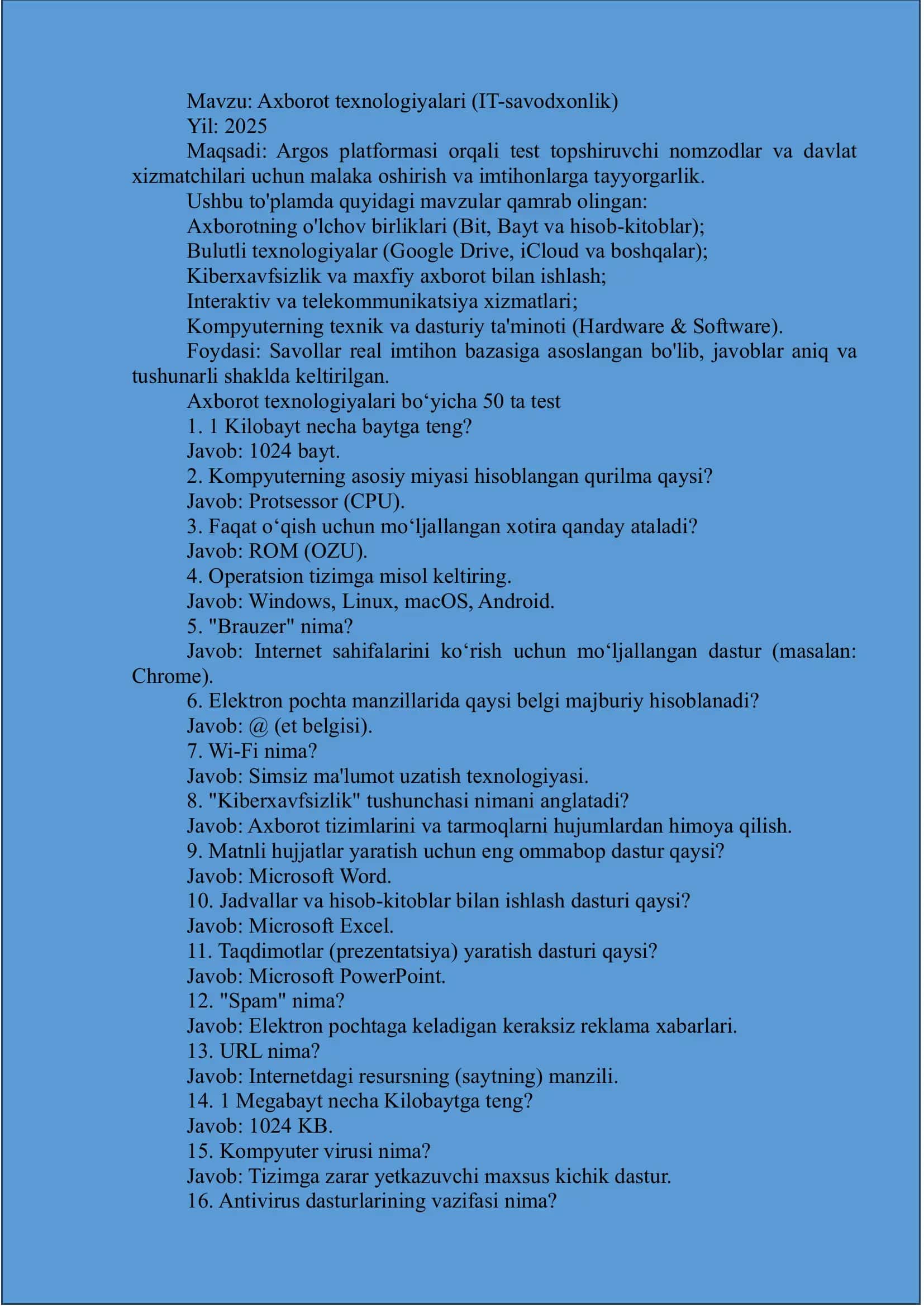 Axborot texnologiyalari (IT-savodxonlik) 1