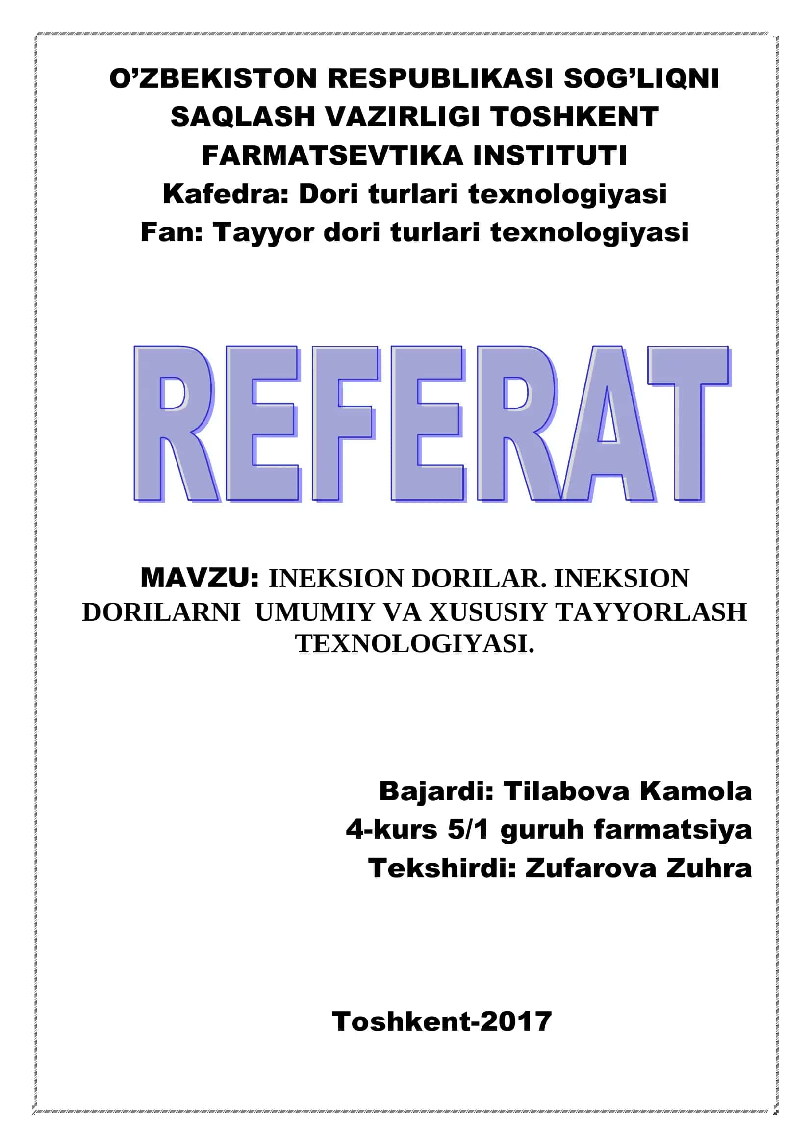 INEKSION DORILAR. INEKSION DORILARNI UMUMIY VA XUSUSIY TAYYORLASH TEXNOLOGIYASI 1