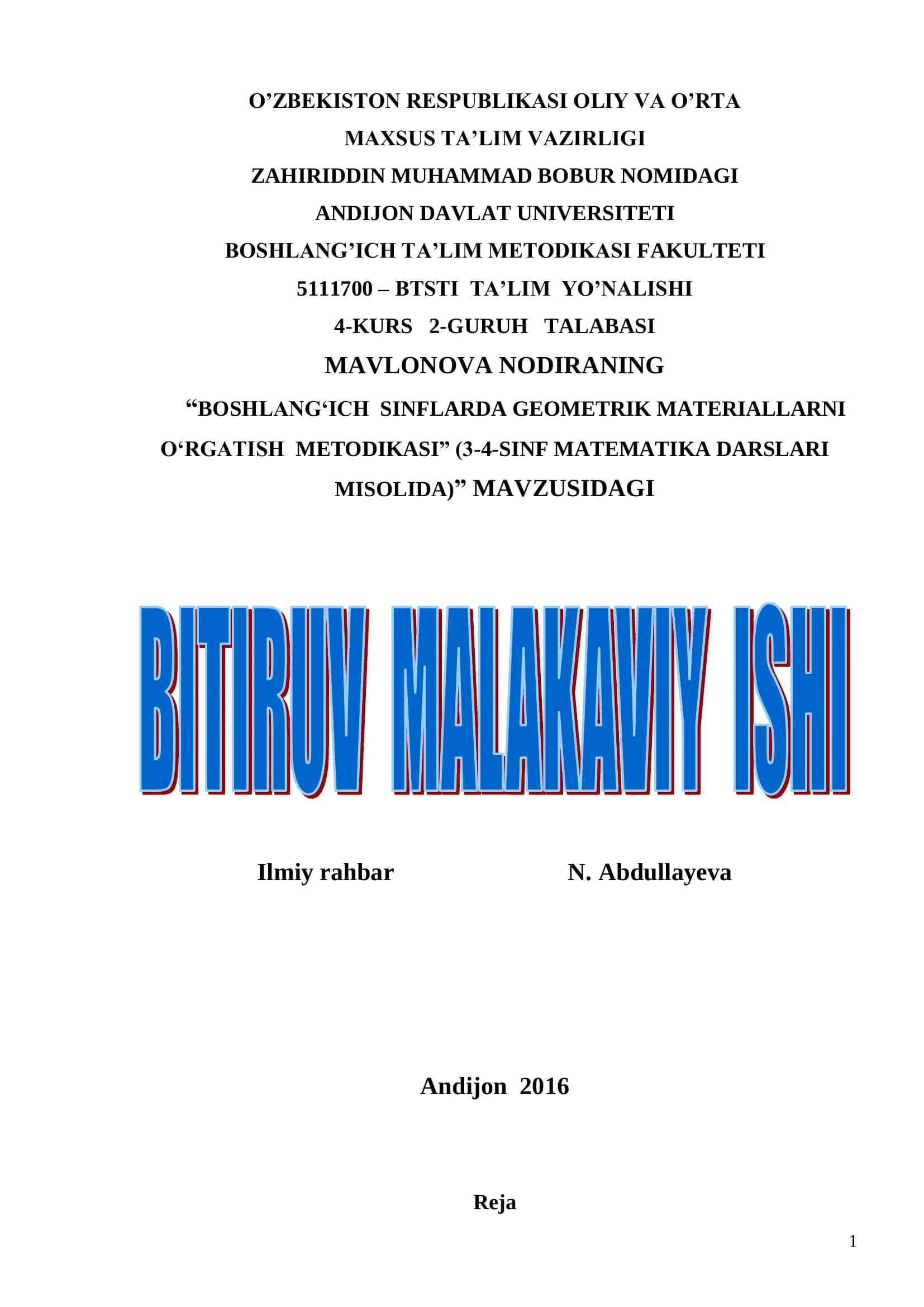 "BOSHLANG‘ICH SINFLARDA GEOMETRIK MATERIALLARNI O‘RGATISH METODIKASI" (3-4-SINF MATEMATIKA DARSLARI MISOLIDA) 1