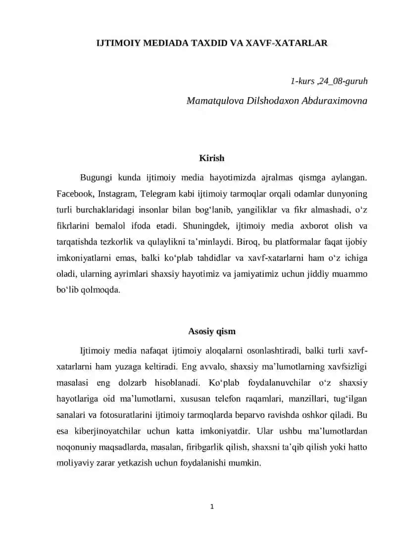 IJTIMOIY MEDIADA TAXDID VA XAVF-XATARLAR