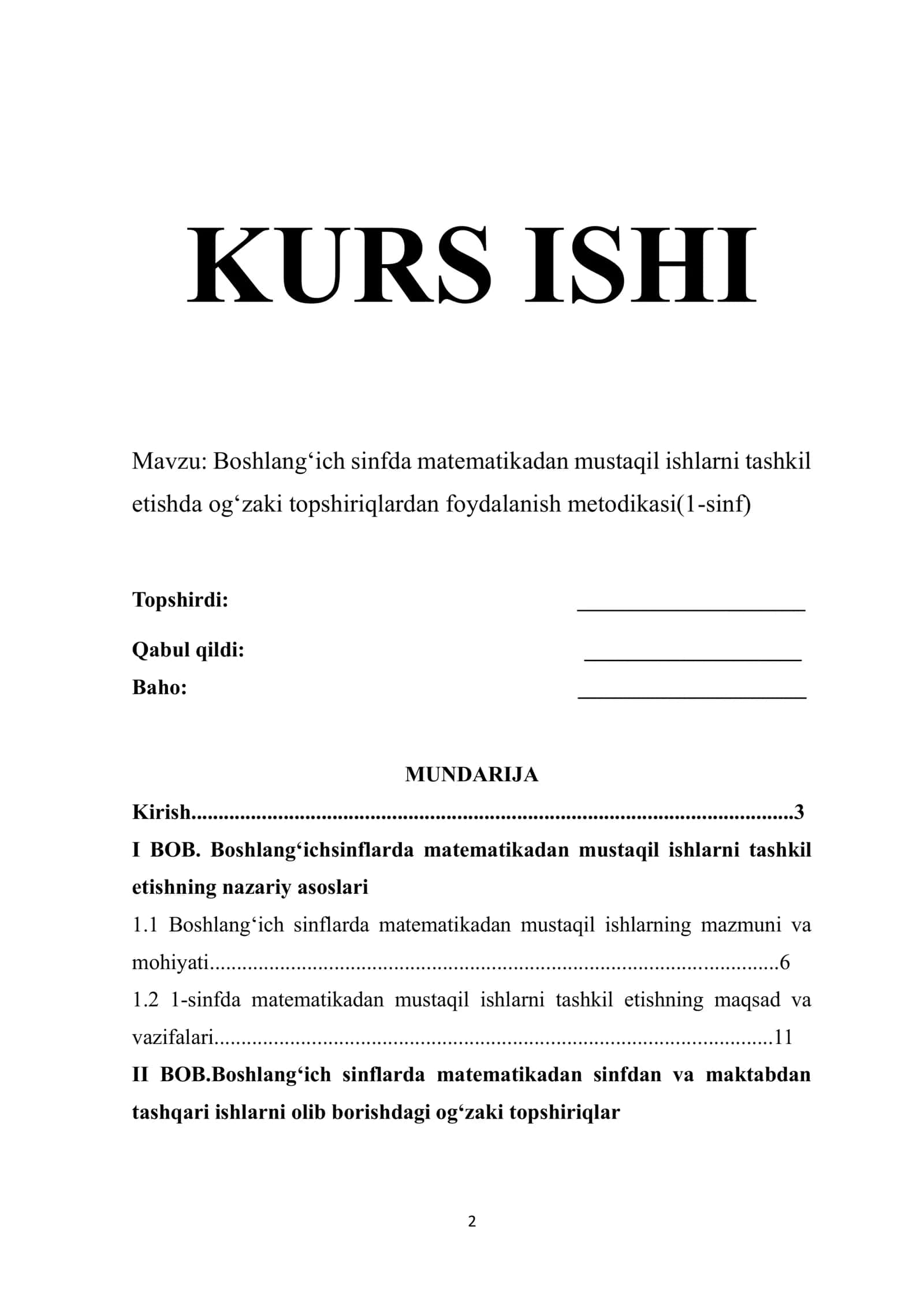 Boshlangʻich sinfda matematikadan mustaqil ishlarni tashkil etishda ogʻzaki topshiriqlardan foydalanish metodikasi(1-sinf) 1