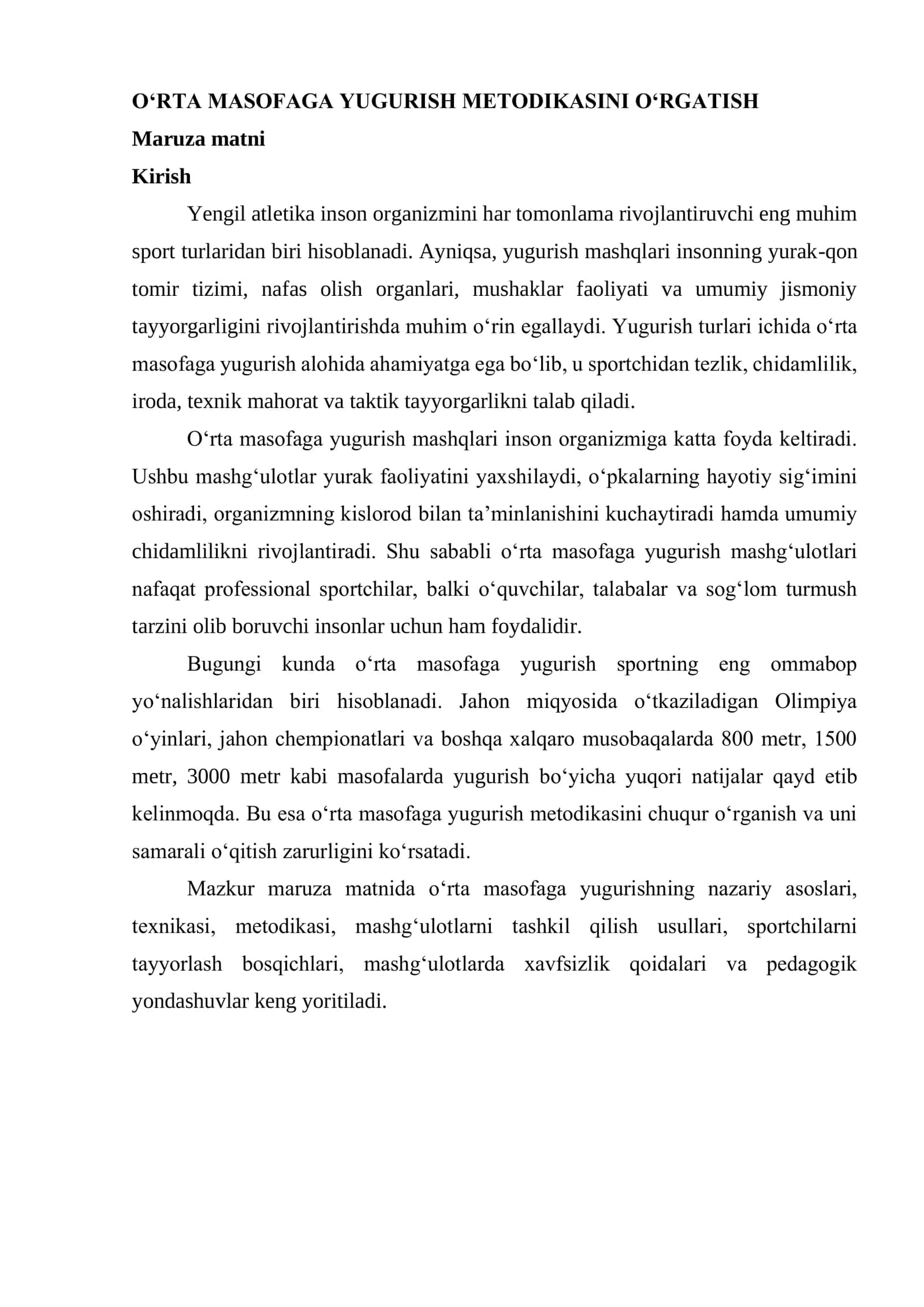 O‘RTA MASOFAGA YUGURISH METODIKASINI O‘RGATISH 1