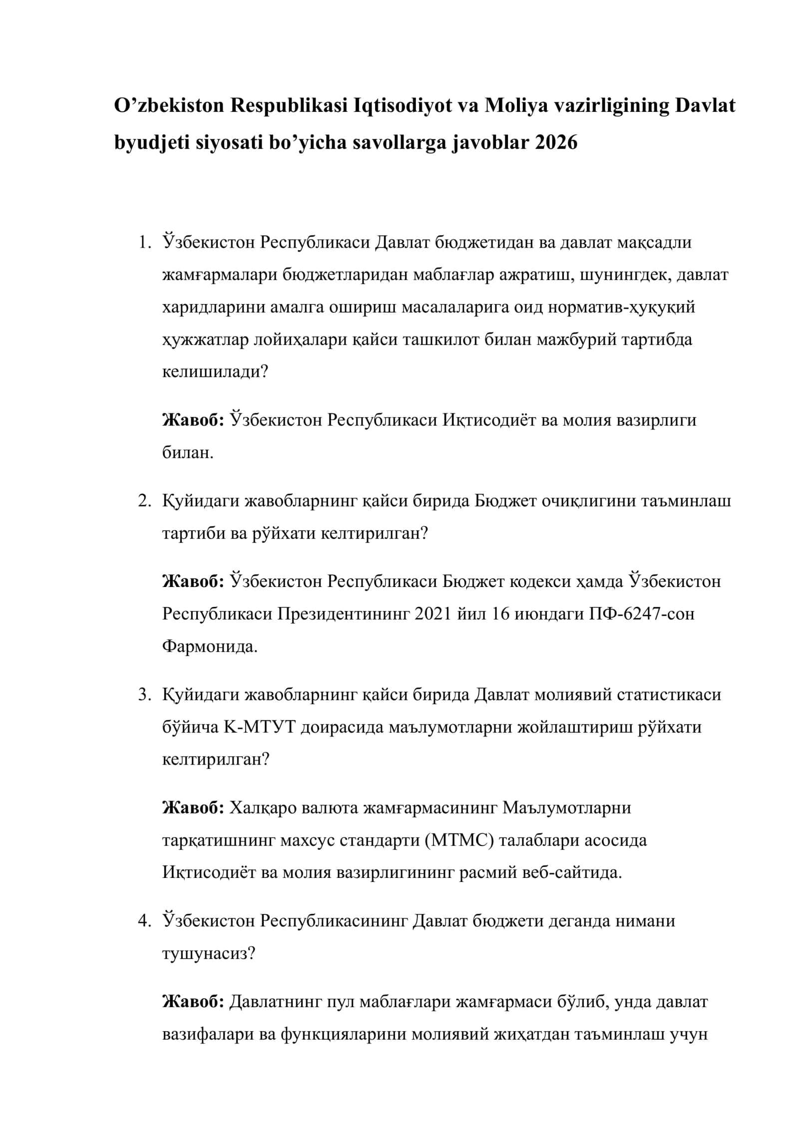 Davlat byudjeti siyosati savol-javoblar 1