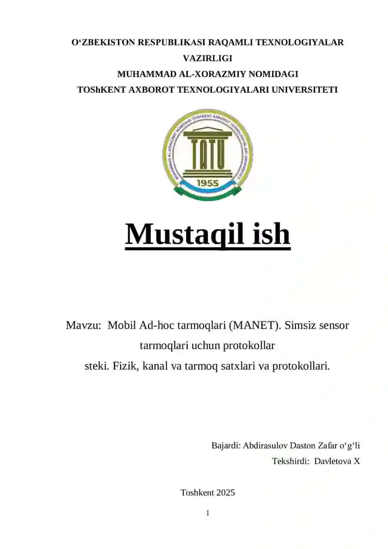 Mobil Ad-hoc tarmoqlari (MANET)